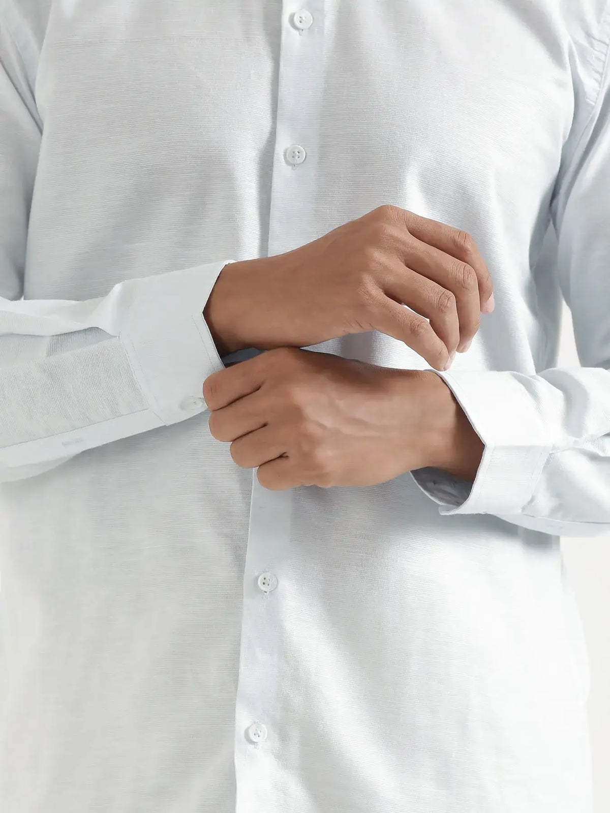 Men Powder Blue Linen Blend Mandarin Collar Shirt
