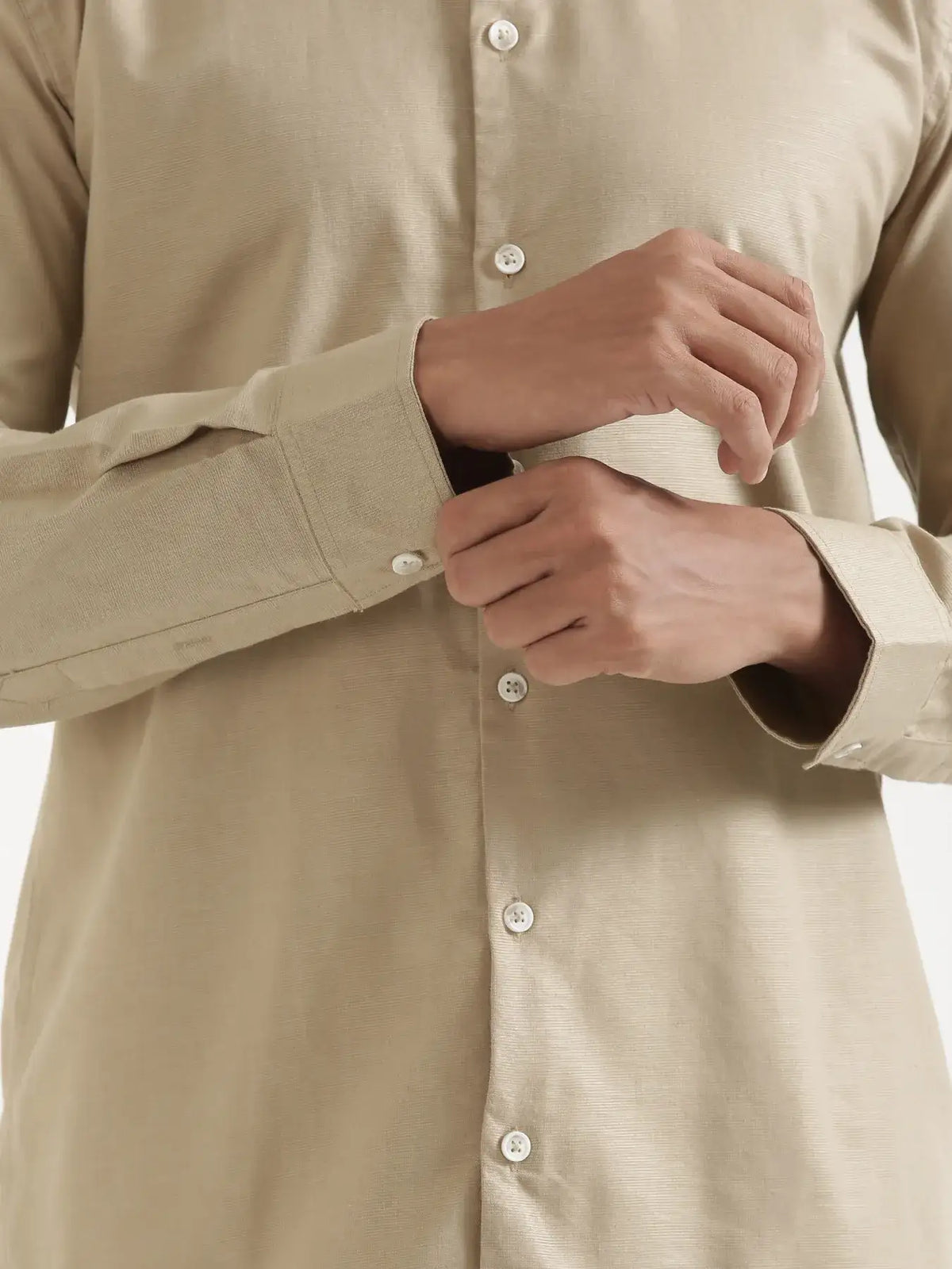 Men Taupe Linen Blend Mandarin Collar Shirt