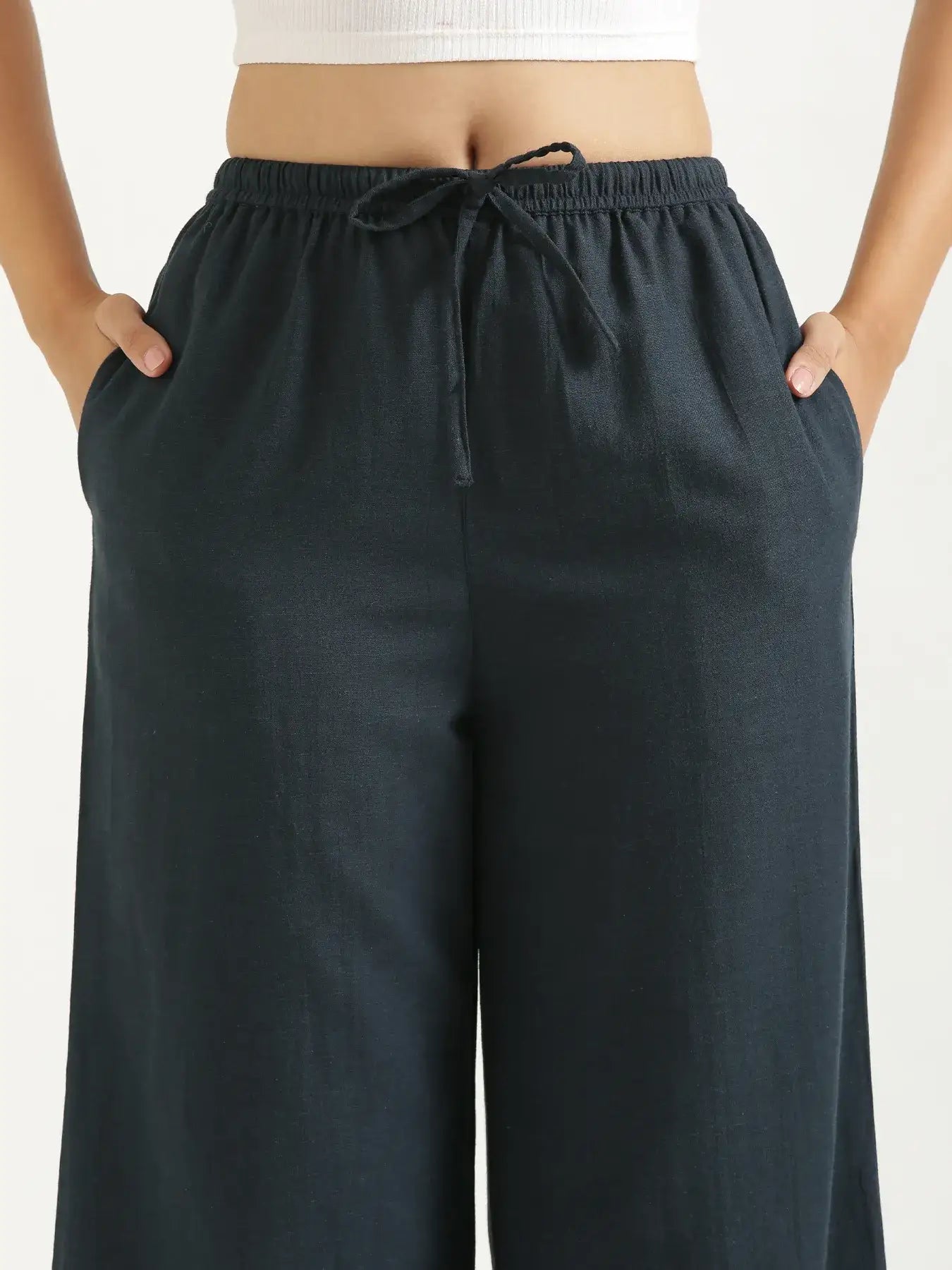 Women Navy Blue Flowy Linen Wide Leg Pants