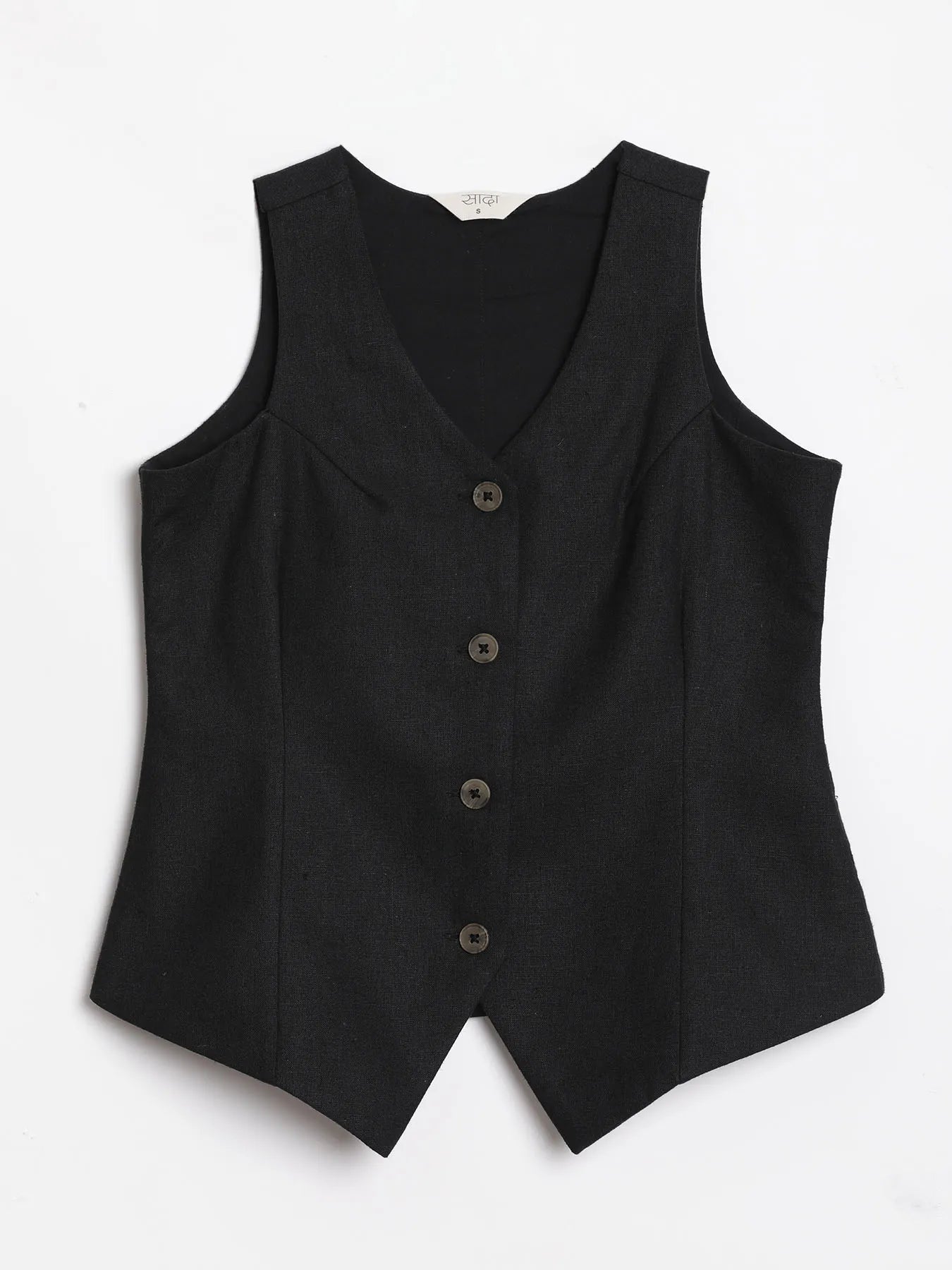 Women Black Linen Blend Waist Coat