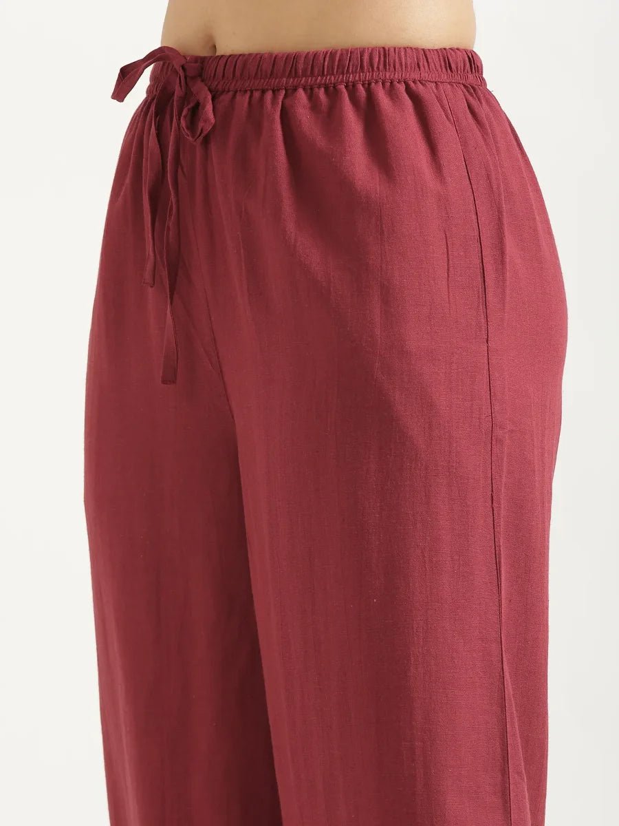 Women Maroon Flowy Linen Pant Set