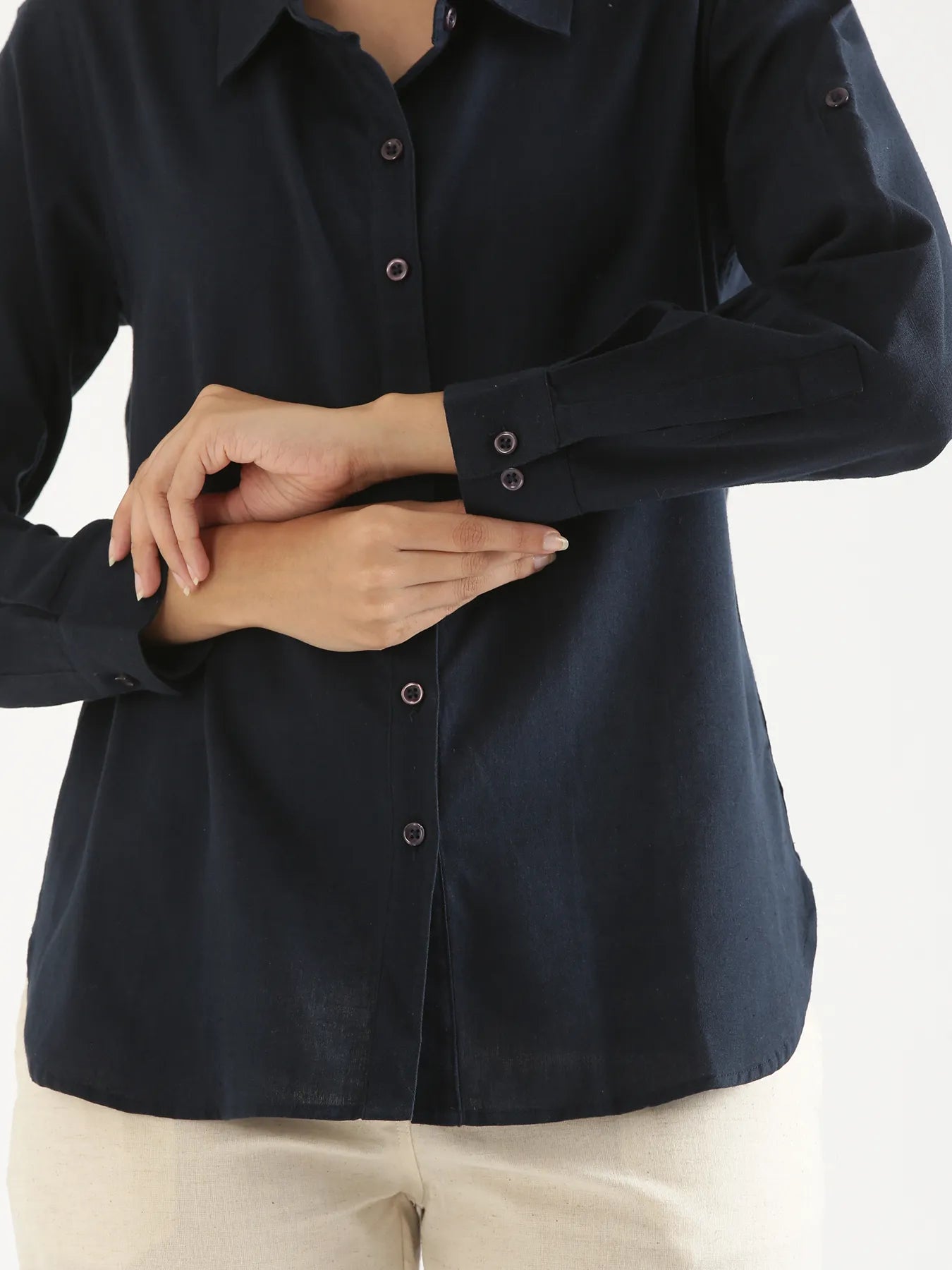 Women Navy Blue Airy-Linen Shirt
