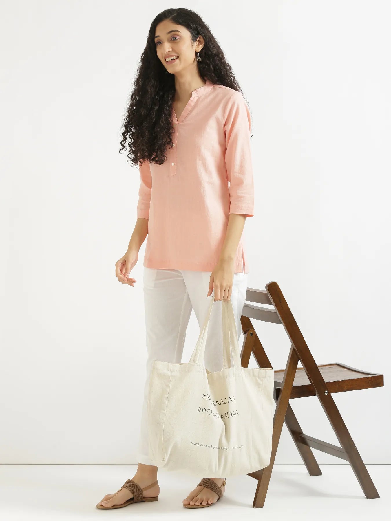 Women Peach Airy Linen Short Kurta