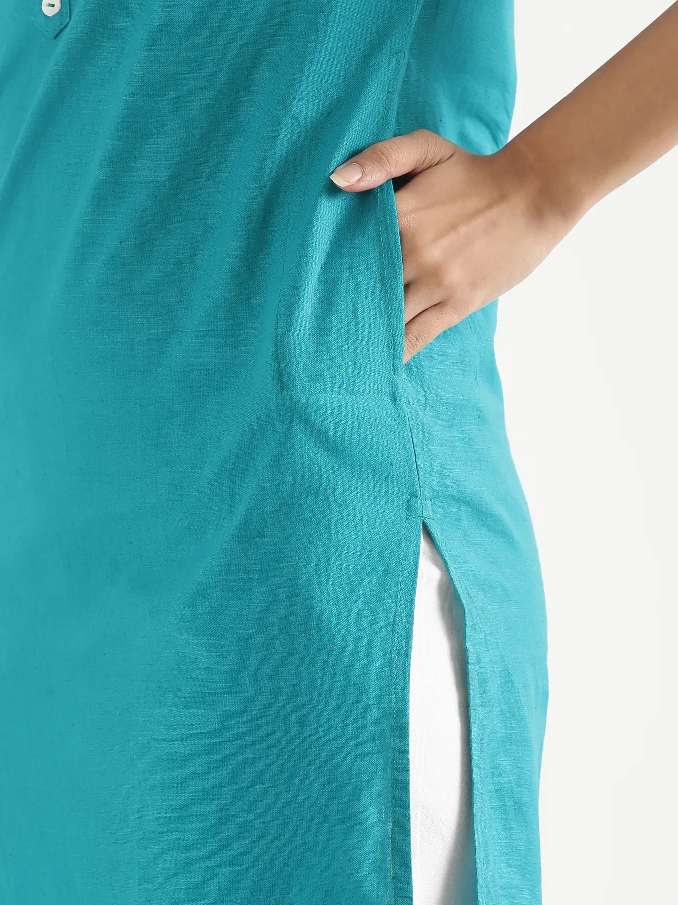 Women Teal Airy Linen Long Kurta