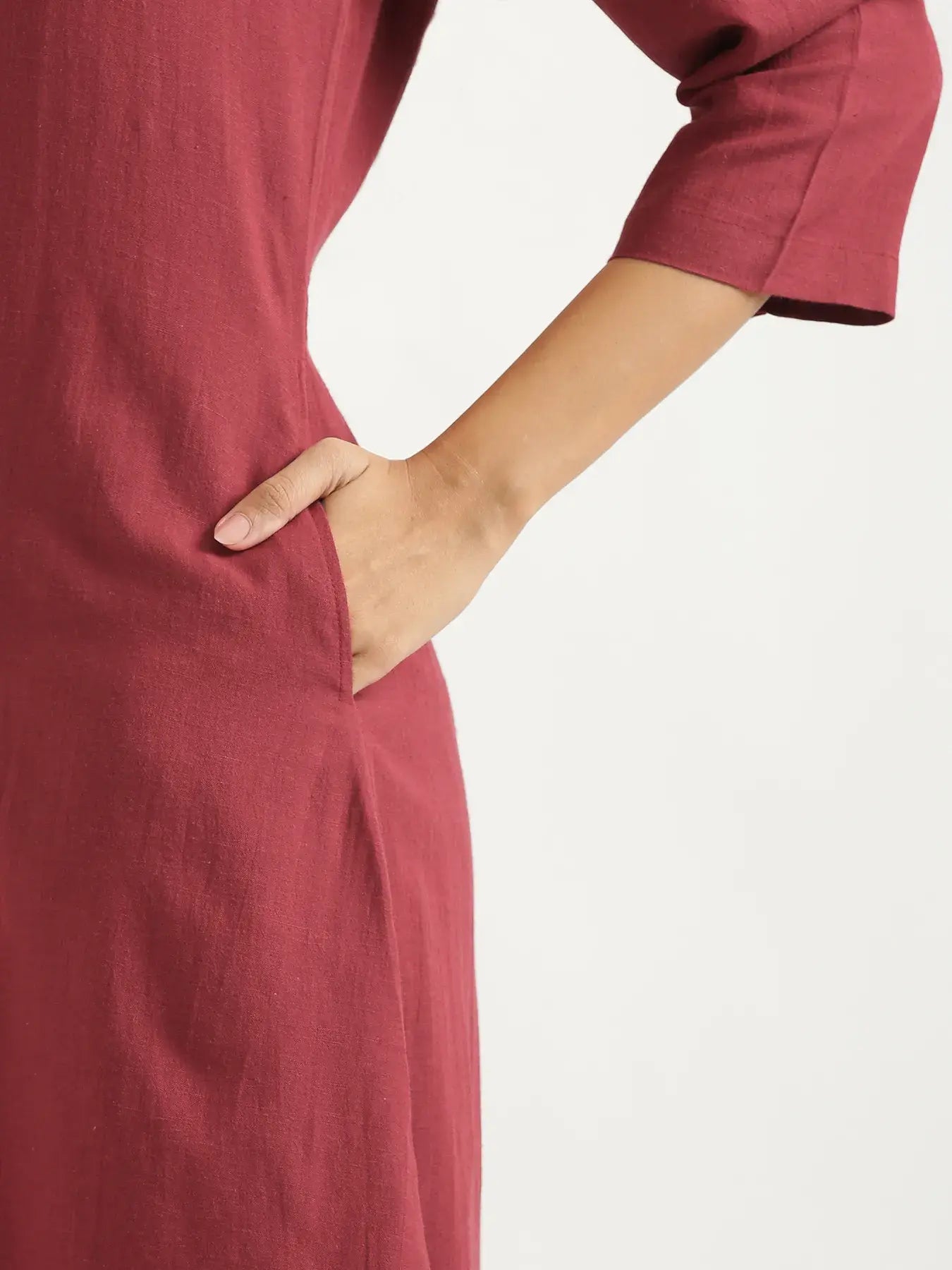 Women Maroon Flowy Linen A-Line Long Kurta