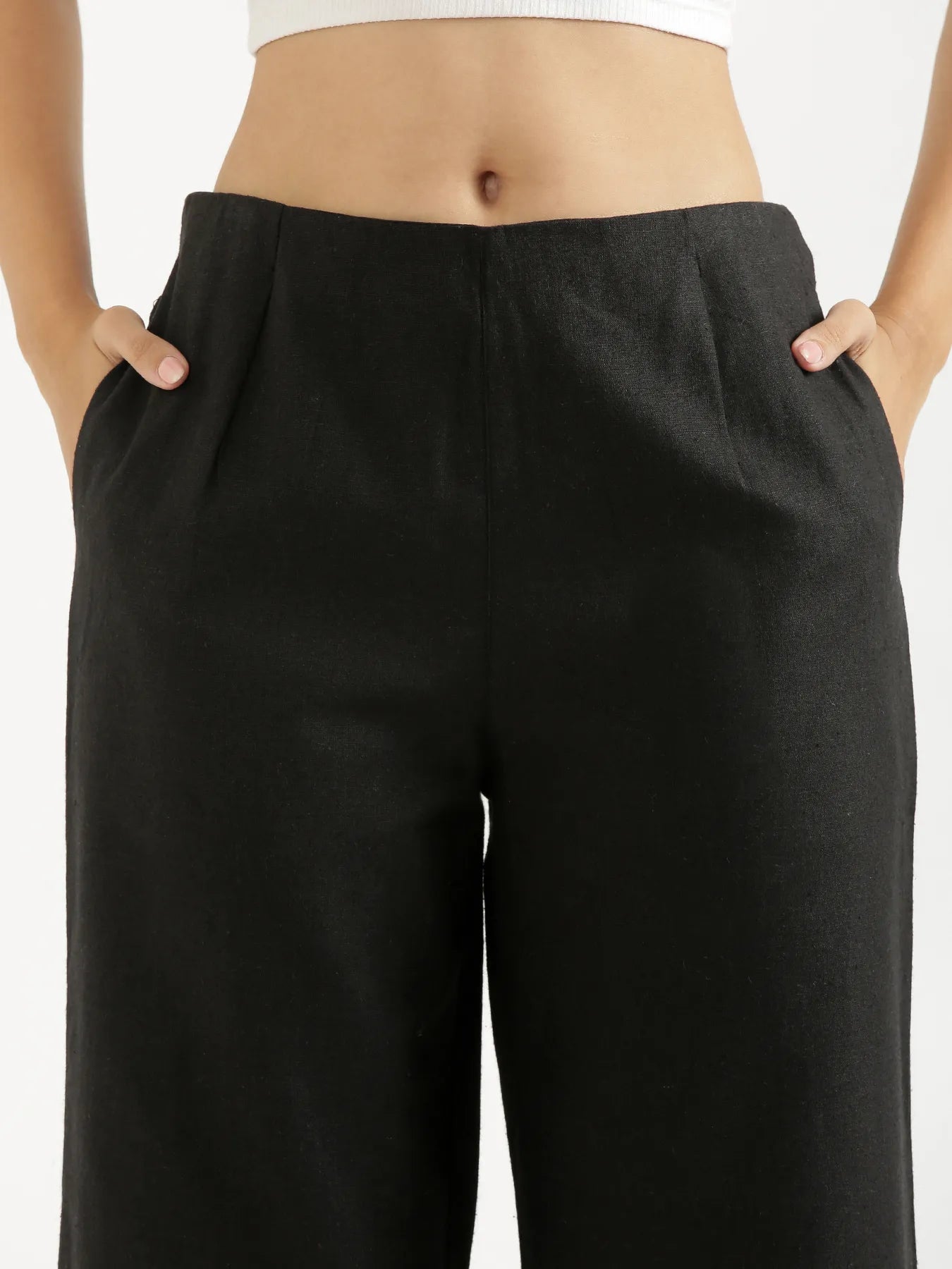 Women Black Linen Blend Wide Leg Pant