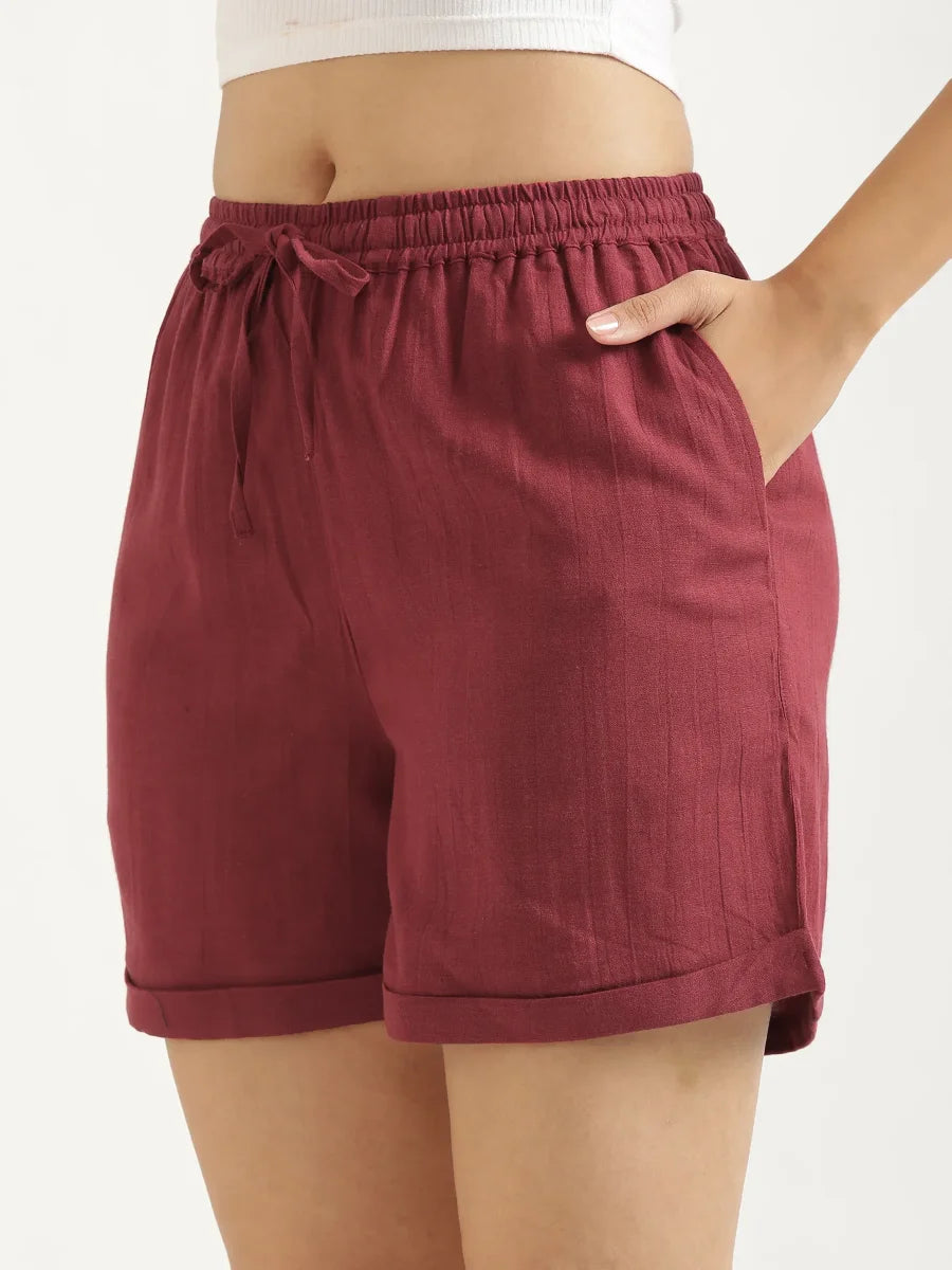Women Maroon Flowy Linen Shorts