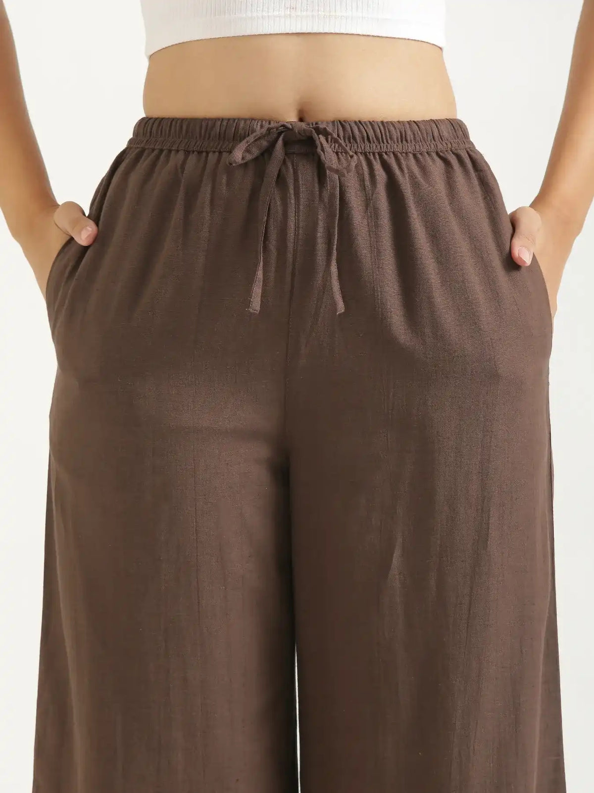 Women Dark Brown Flowy Linen Wide Leg Pants