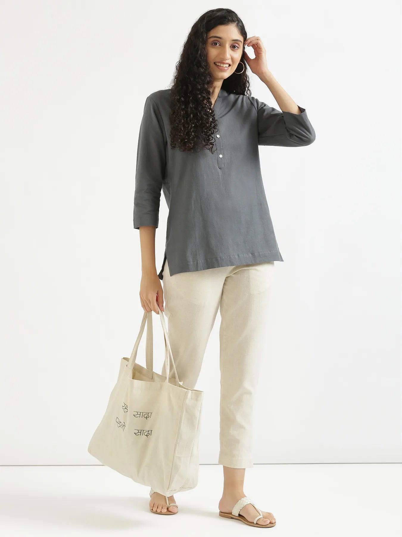 Women Slate Grey Airy Linen Short Kurta
