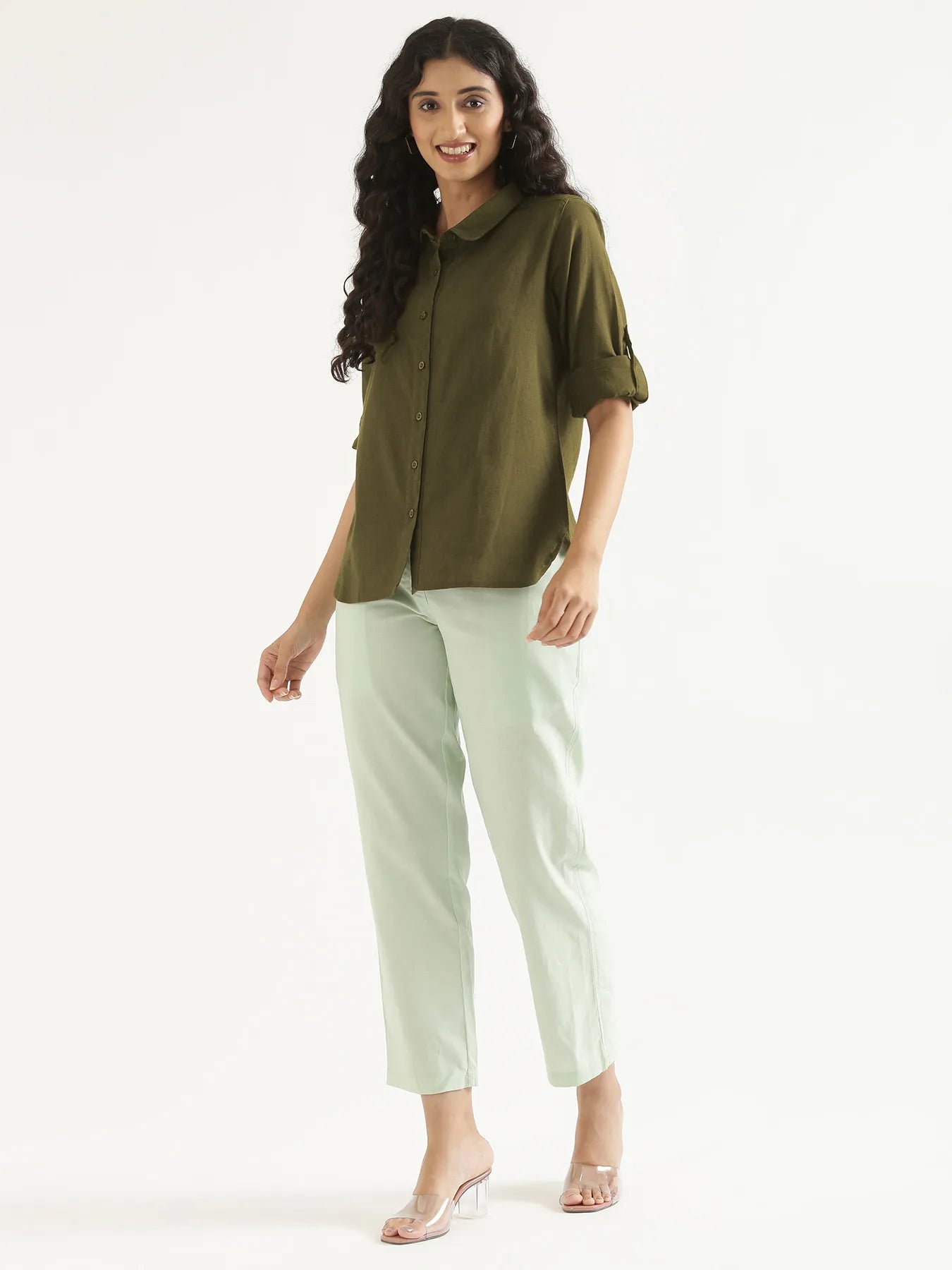 Women Olive Green Airy-Linen Shirt