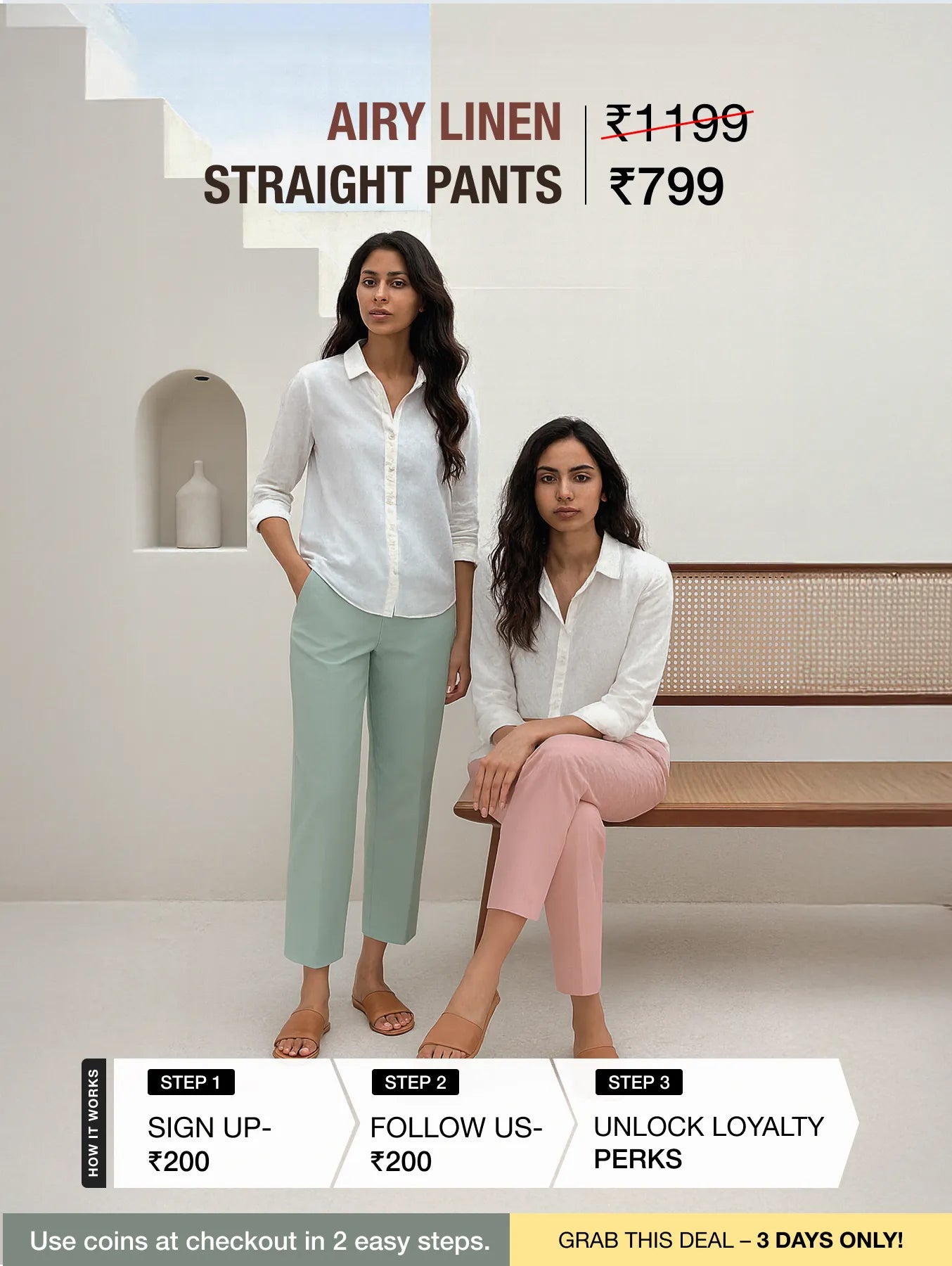 Women Turquoise Airy Linen Straight Pant