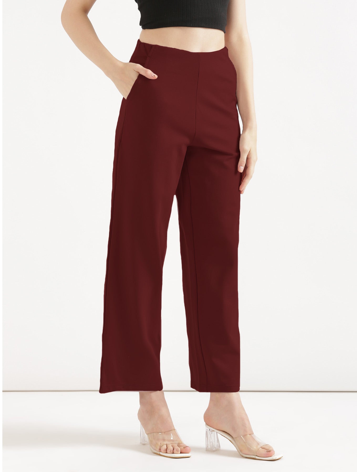 Black V-Neck Sleeveless Top with Maroon Wide Leg Pant