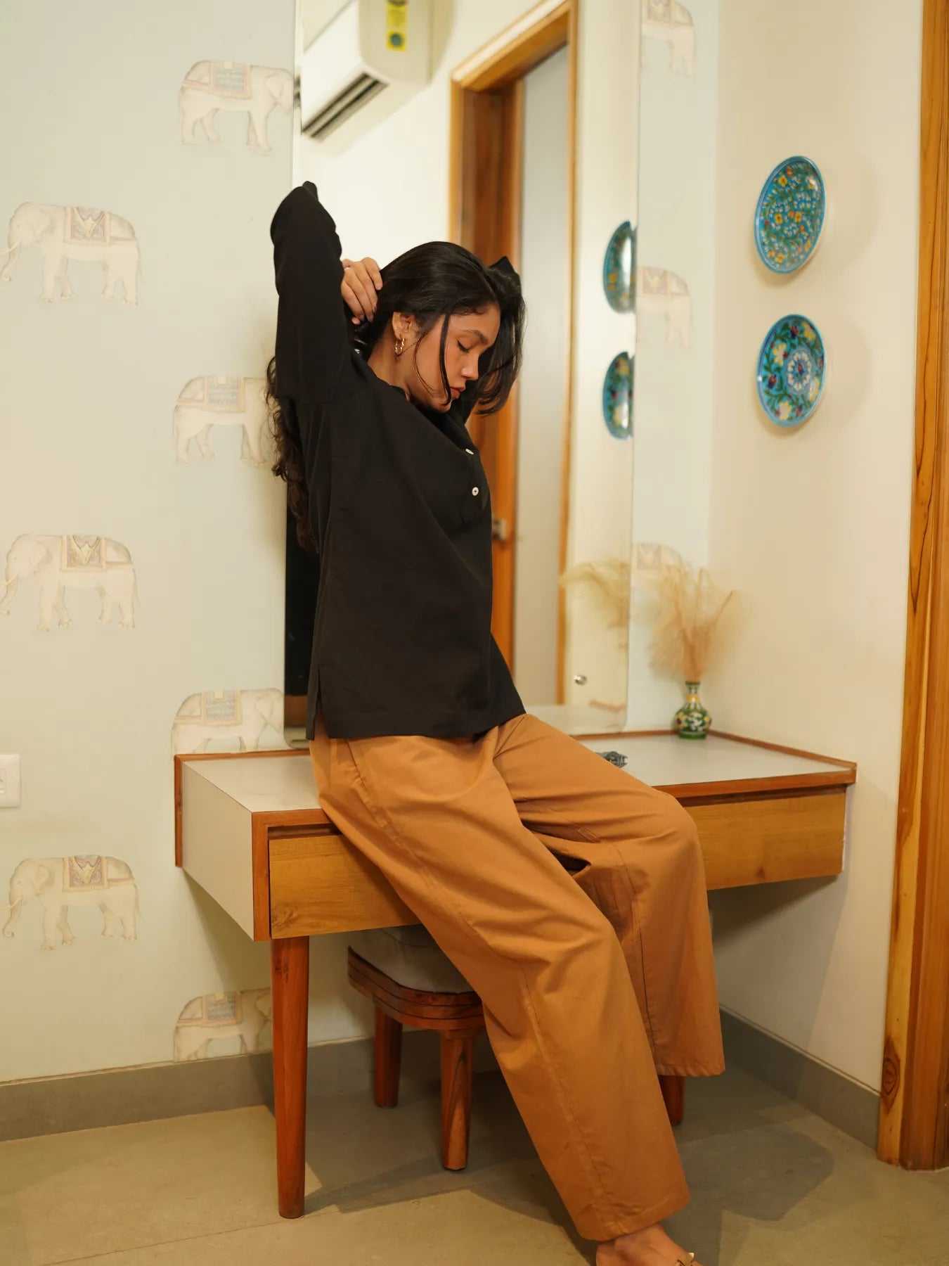 Women Coffee Brown Airy Linen Wide Leg Pant