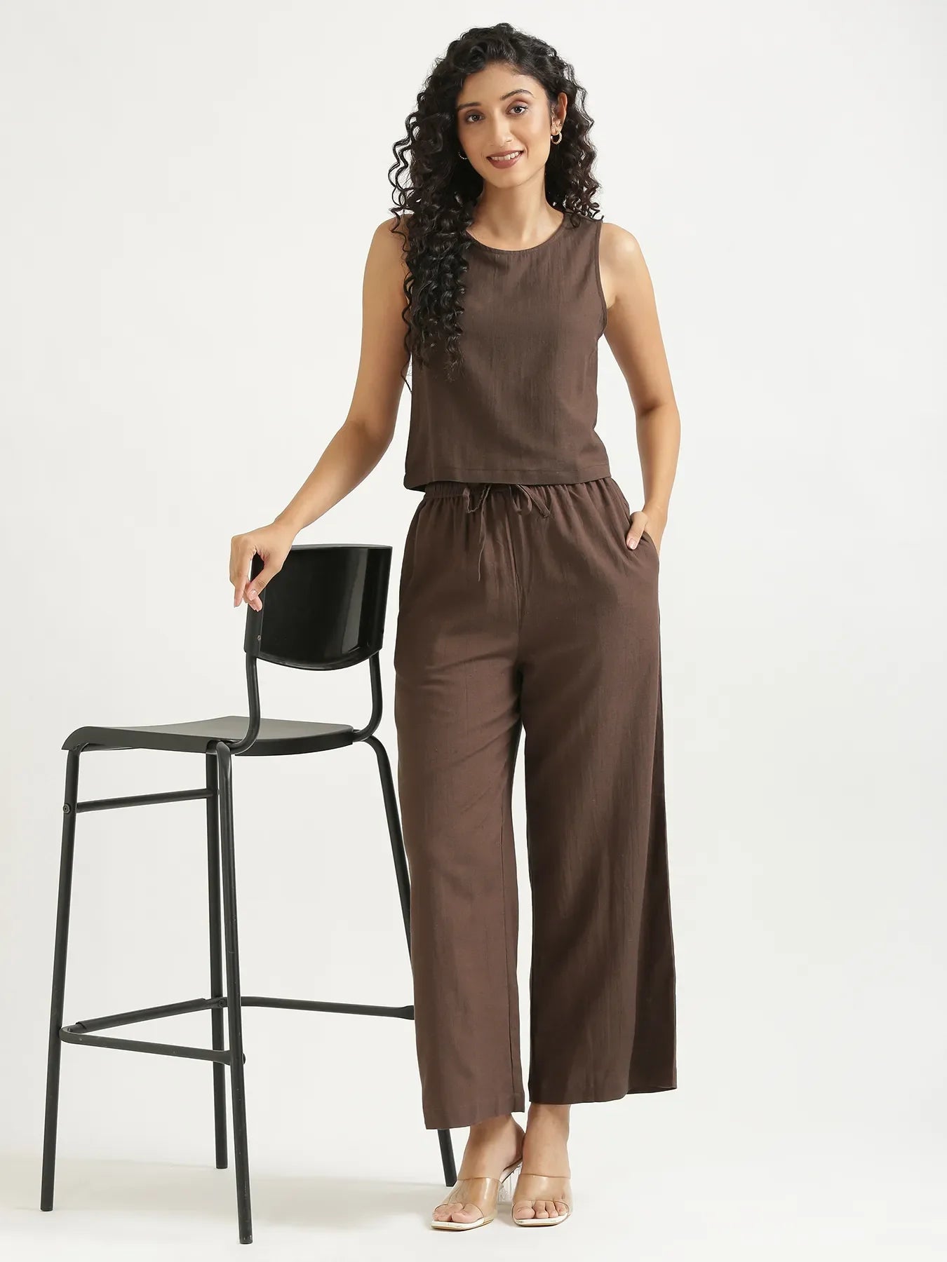 Women Dark Brown Flowy Linen Wide Leg Pants