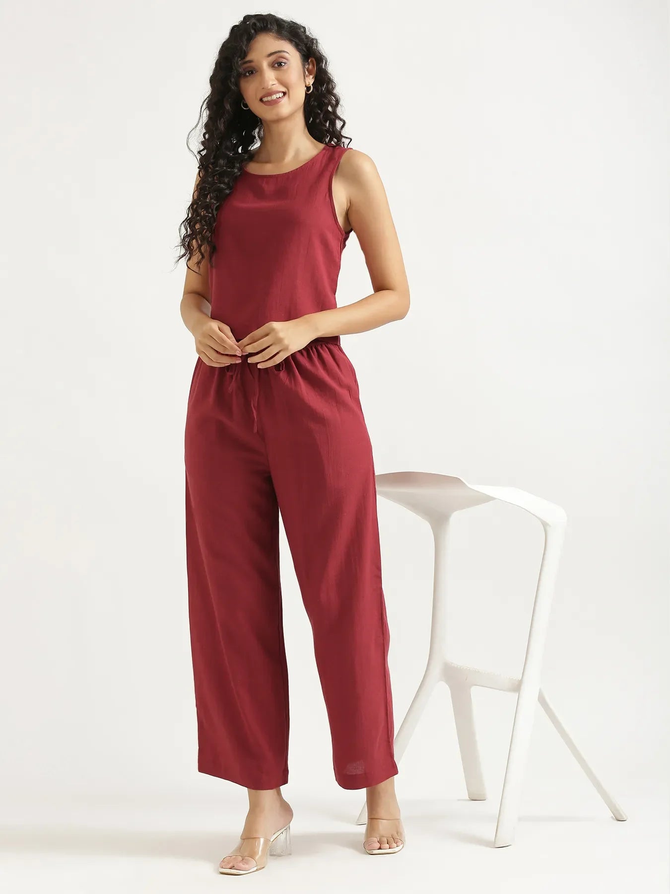 Women Maroon Flowy Linen Pant Set