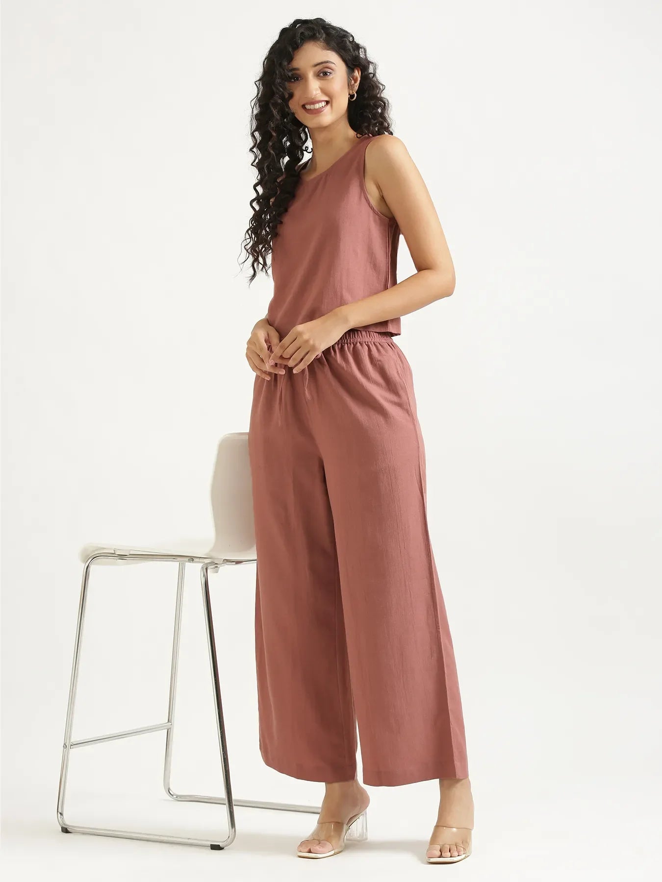 Women Rose Taupe Flowy Linen Pant Set