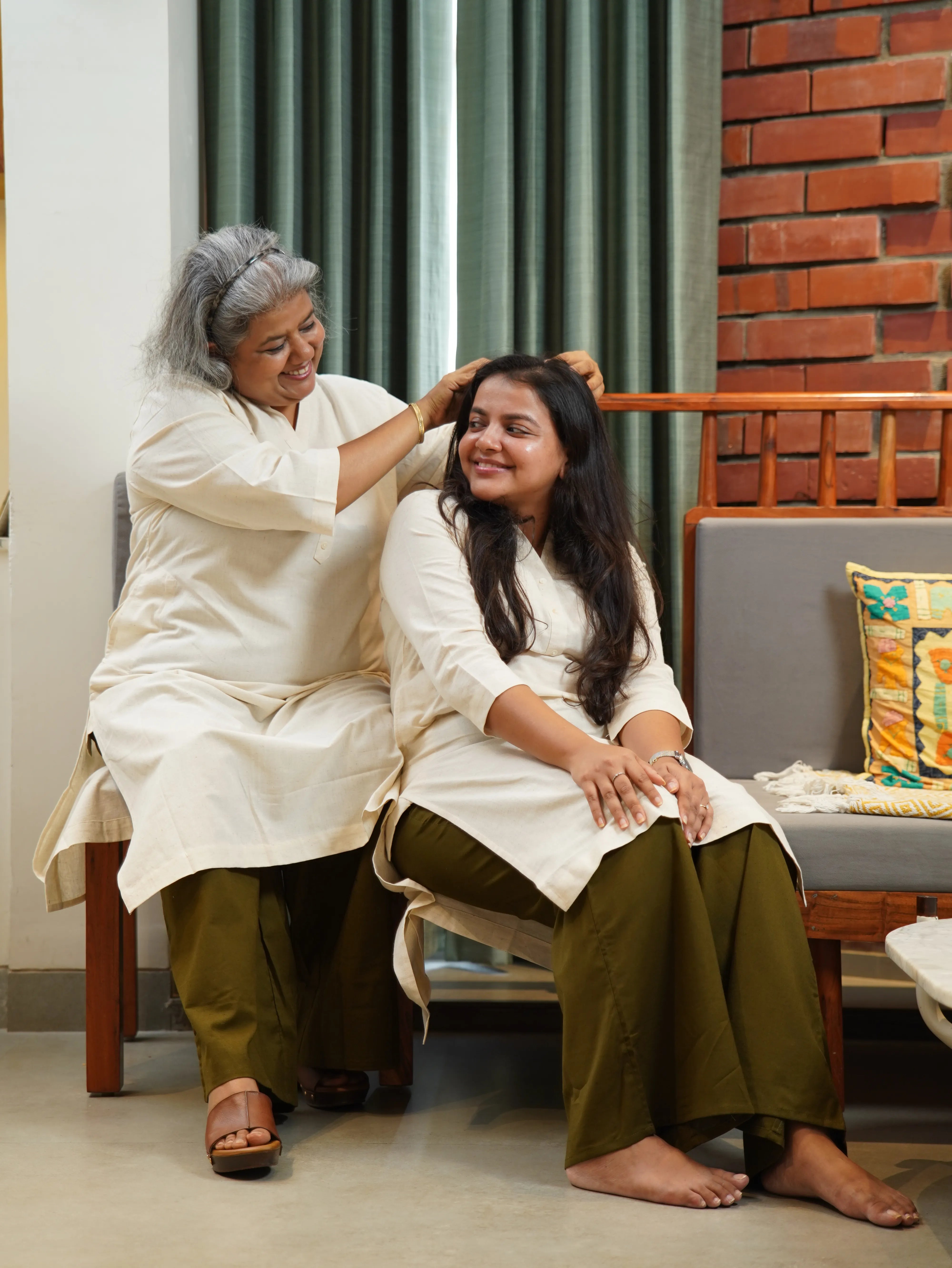 Ecru Airy Linen Long kurta with Olive Green Airy Linen Straight Pant