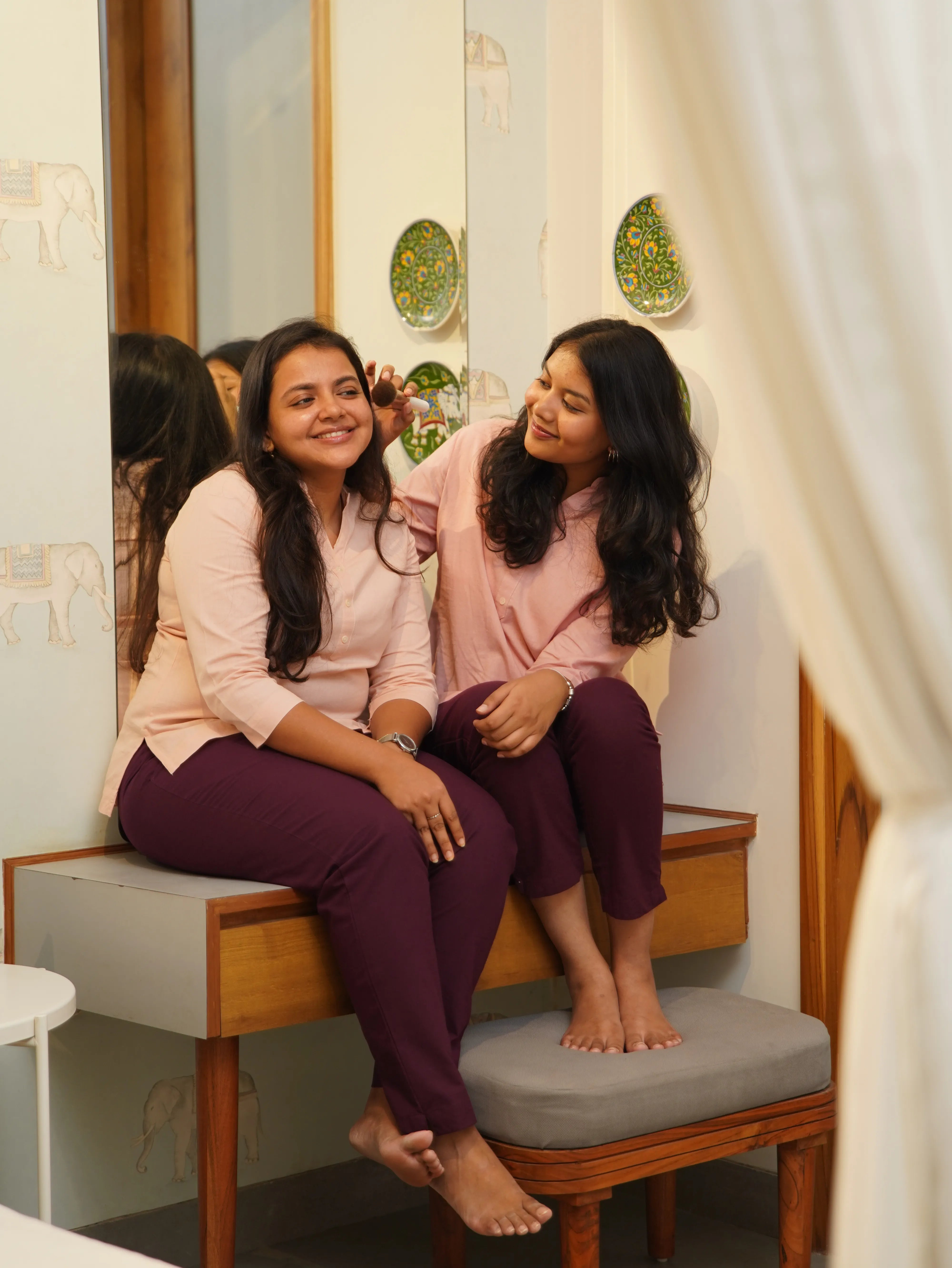 Salmon Pink Short Kurta & Wine Cotton Pant
