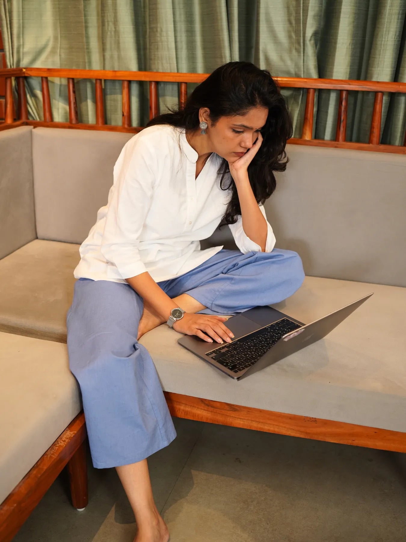 Women English Blue Airy Linen Wide Leg Pant