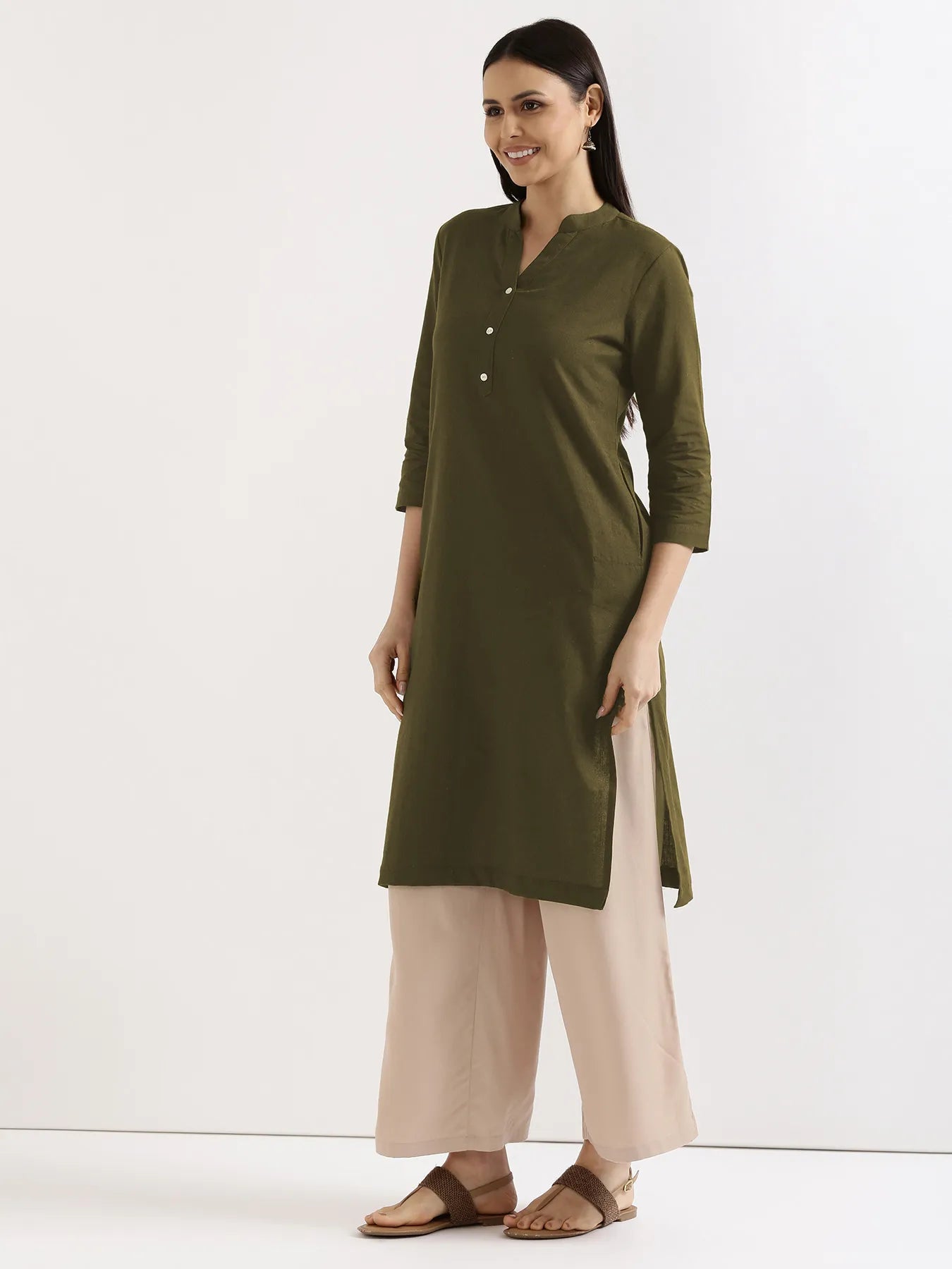 Women Olive Green Airy Linen Long Kurta