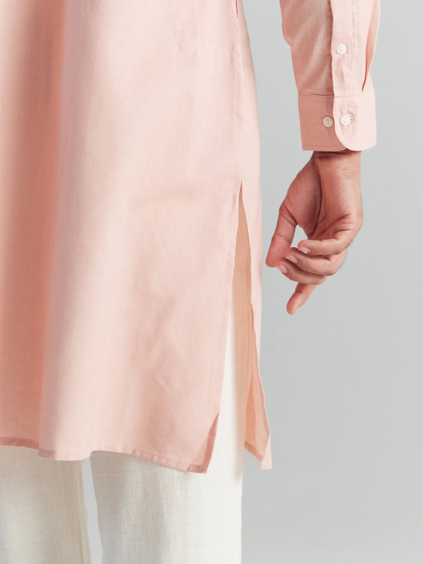 Men Salmon Pink Airy Linen Long Kurta