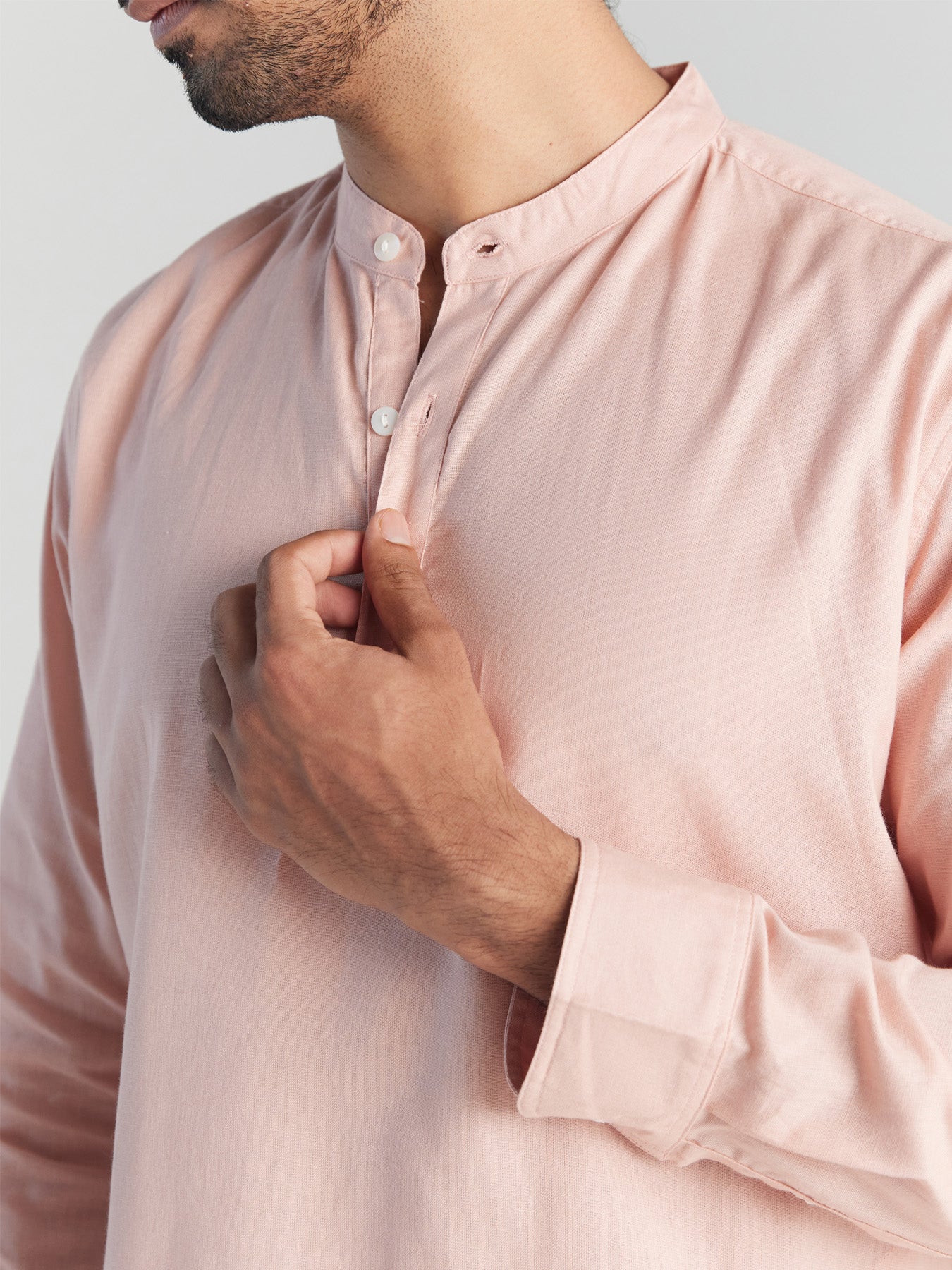Men Salmon Pink Airy Linen Long Kurta