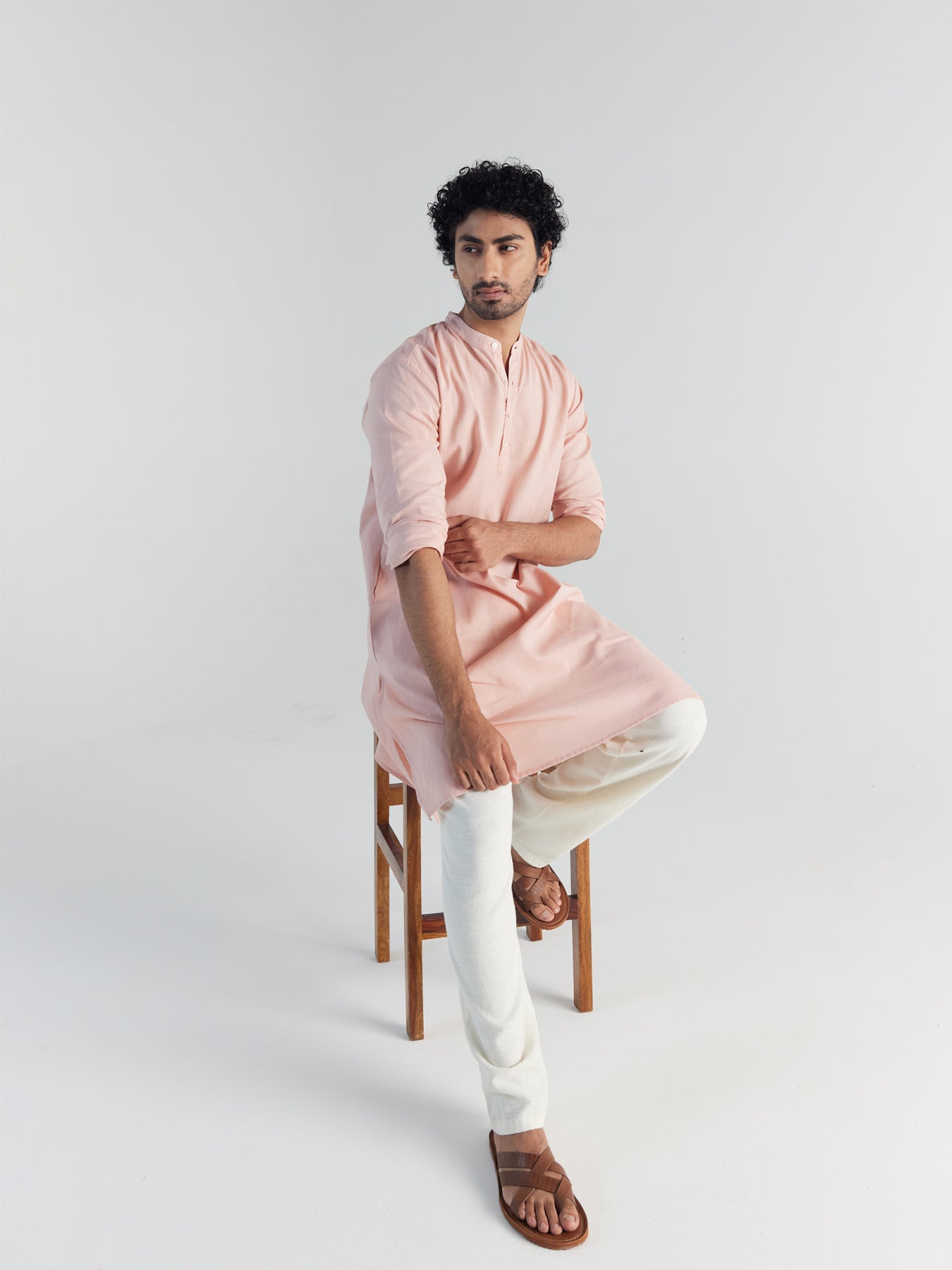 Men Salmon Pink Airy Linen Long Kurta