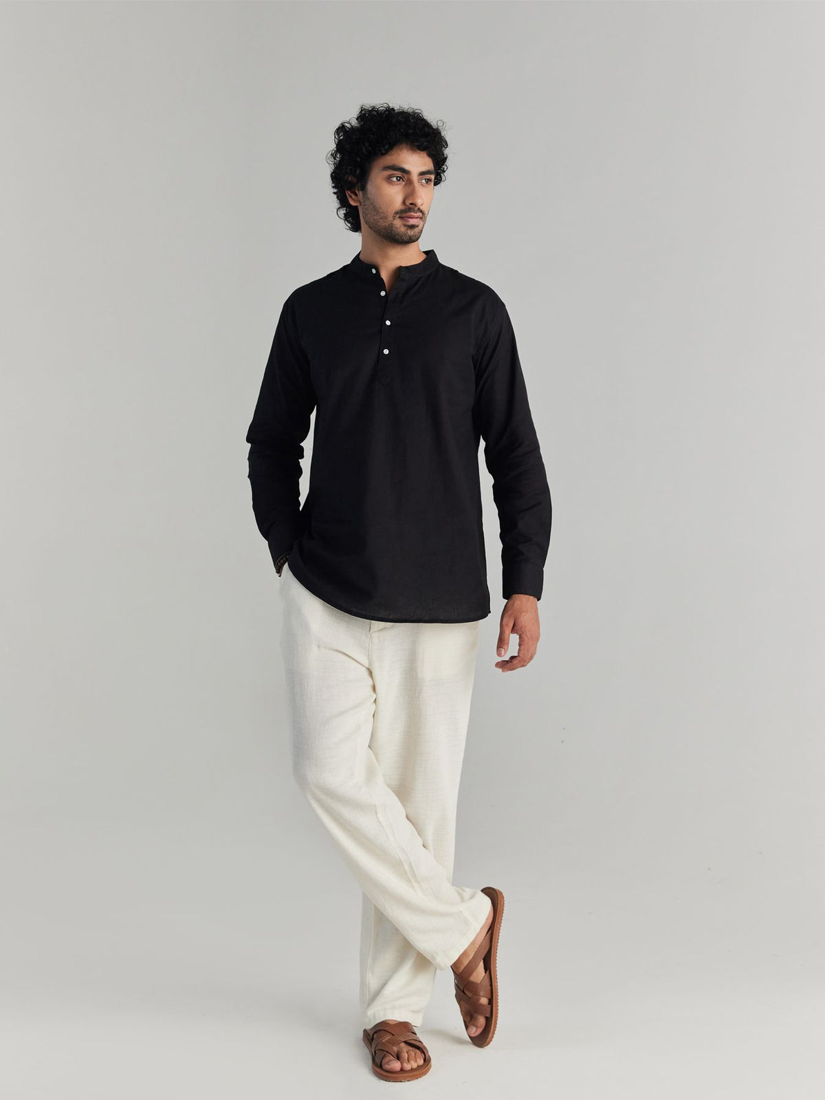 Men Black Airy Linen Short Kurtas