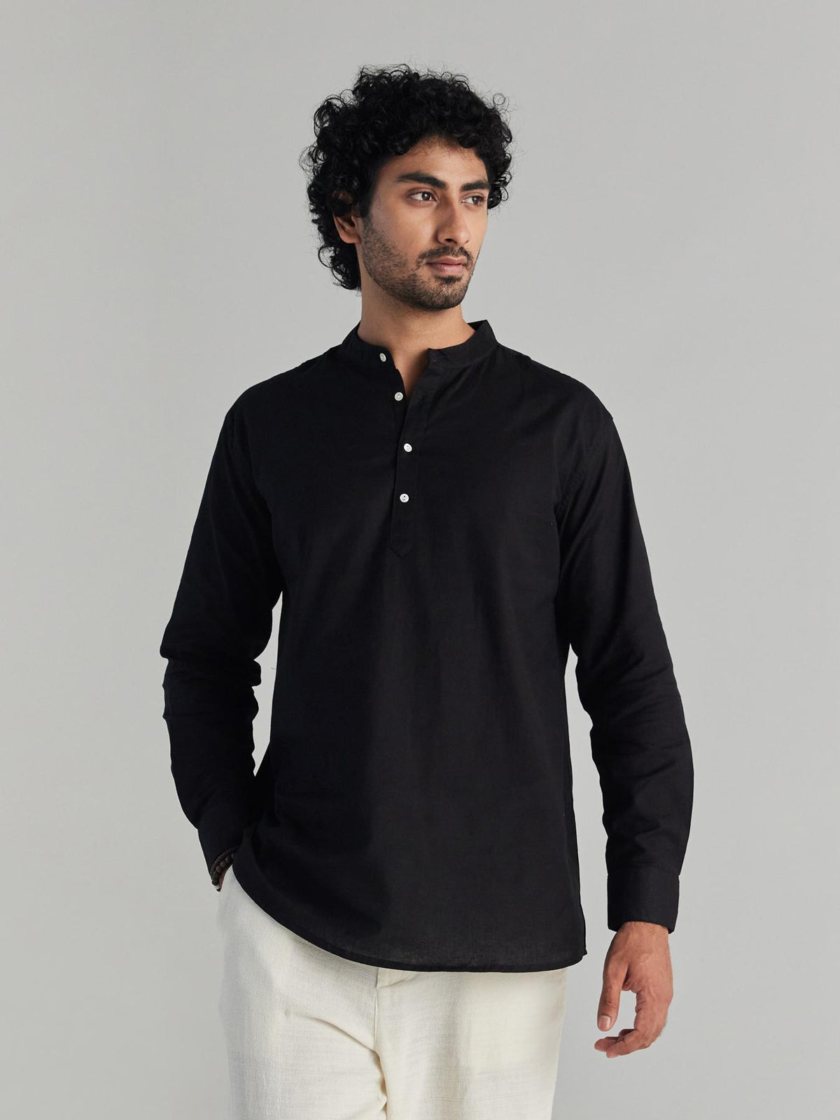 Men Black Airy Linen Short Kurtas