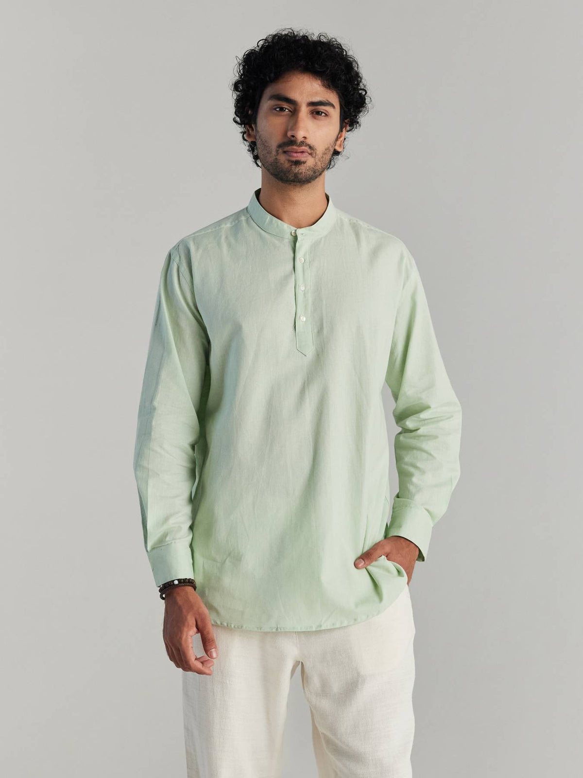 Men Mint Green Airy Linen Short Kurtas