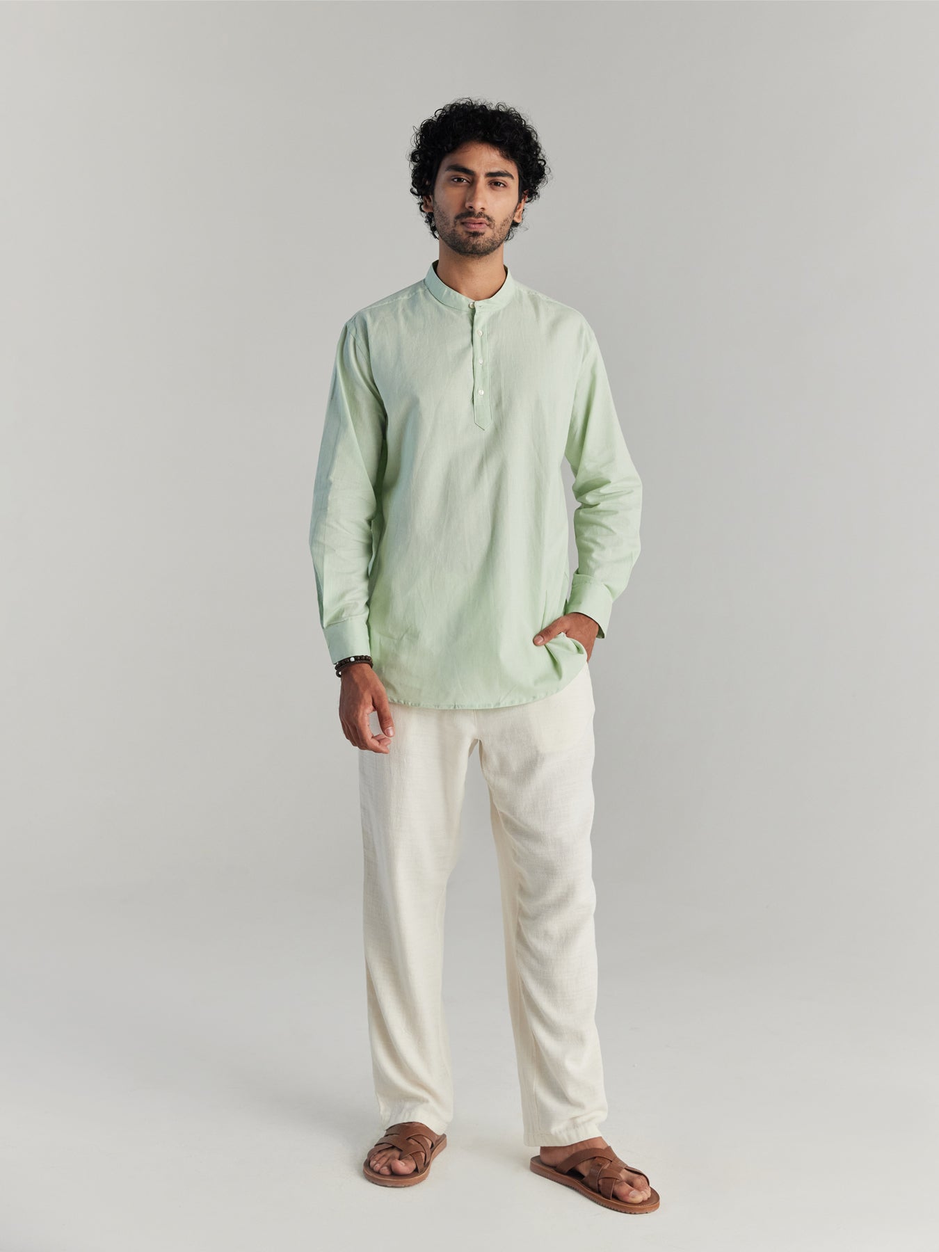 Men Mint Green Airy Linen Short Kurta