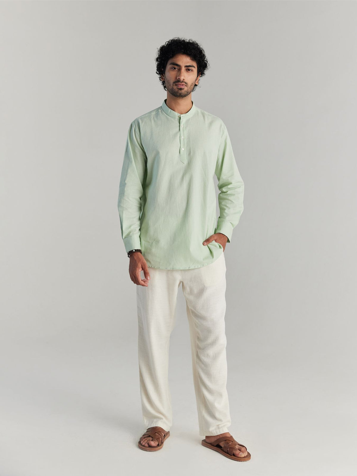 Men Mint Green Airy Linen Short Kurtas