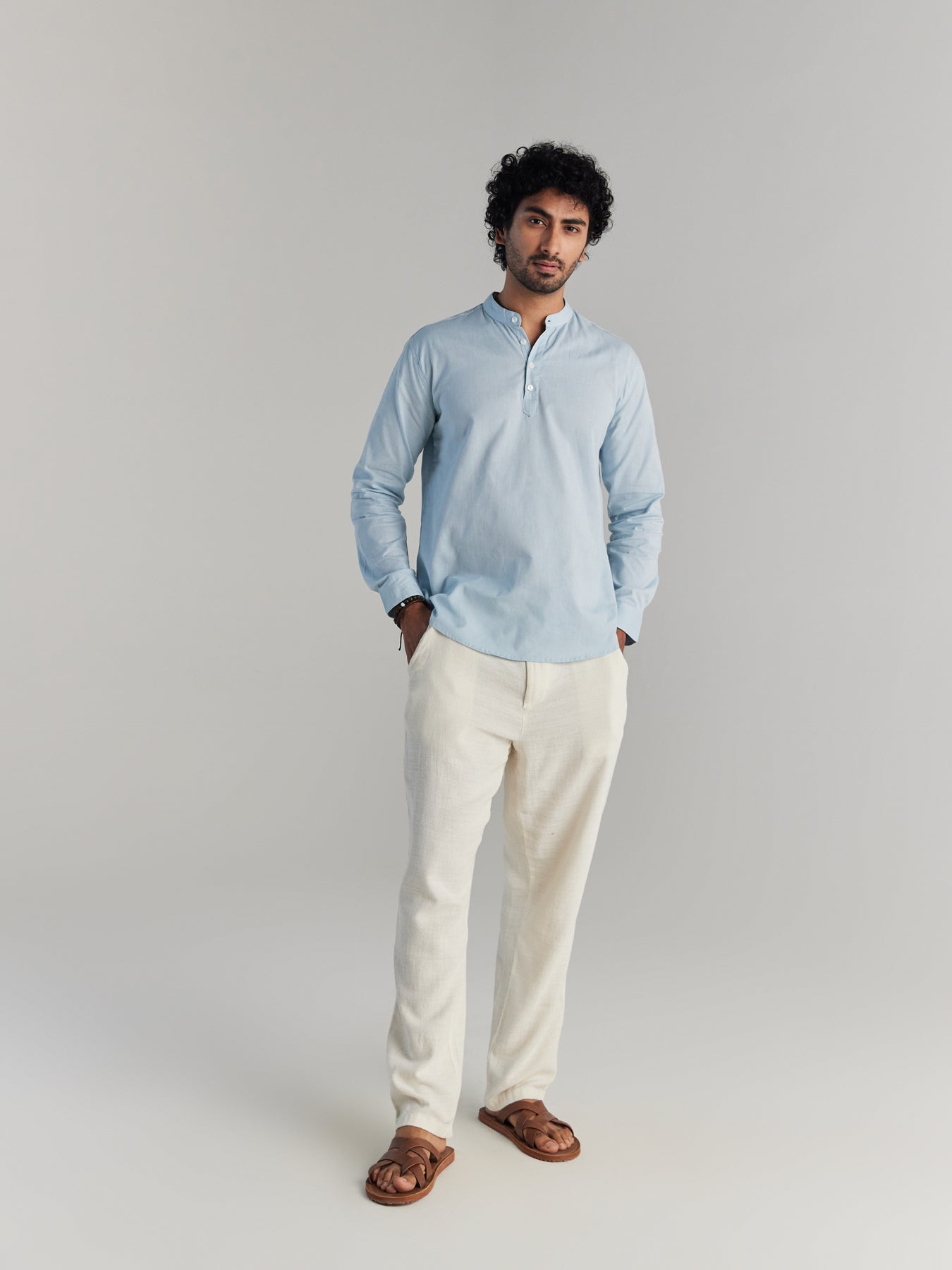 Men Sky Blue Airy Linen Short Kurta