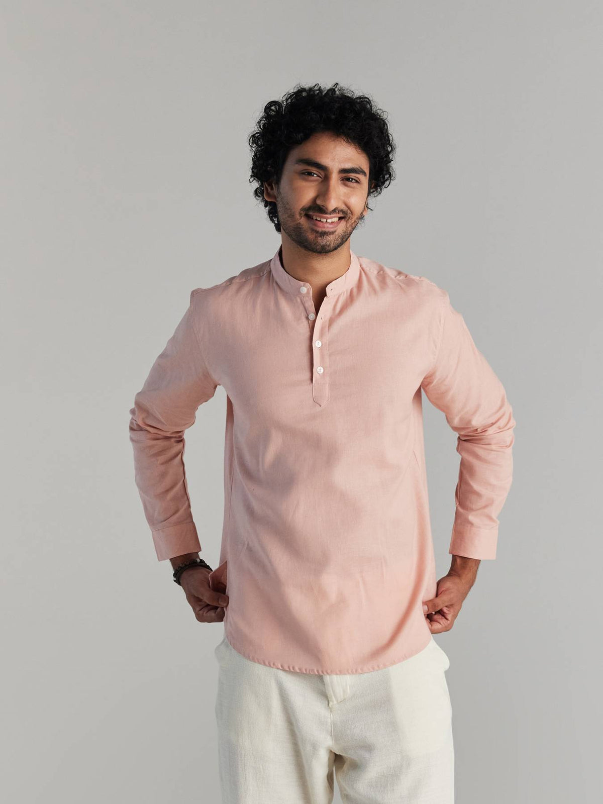 Men Salmon Pink Airy Linen Short Kurtas