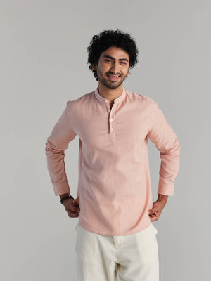 Men Salmon Pink Airy Linen Short Kurtas