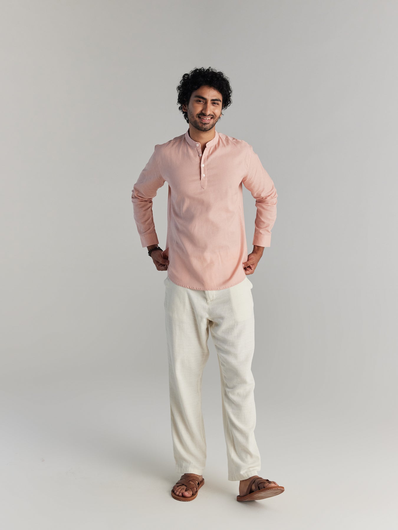 Men Salmon Pink Airy Linen Short Kurta