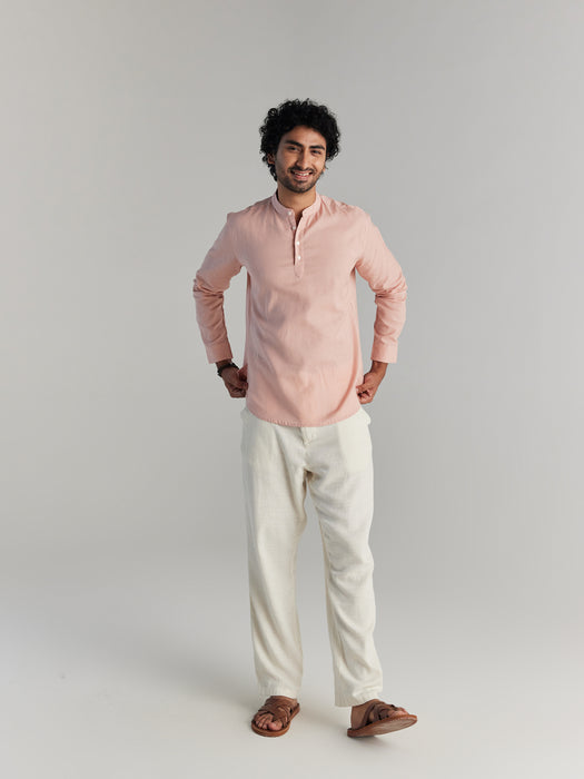 Men Salmon Pink Airy Linen Short Kurta