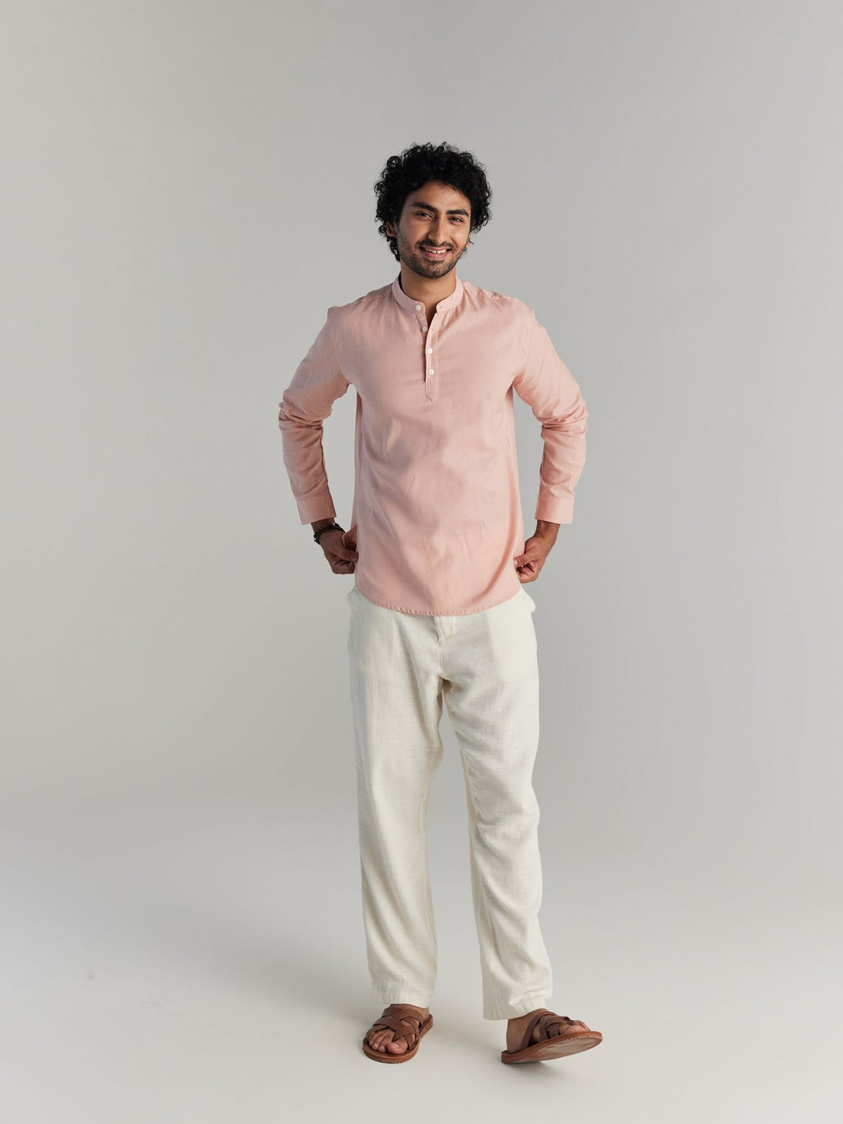 Men Salmon Pink Airy Linen Short Kurtas