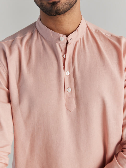 Men Salmon Pink Airy Linen Short Kurta