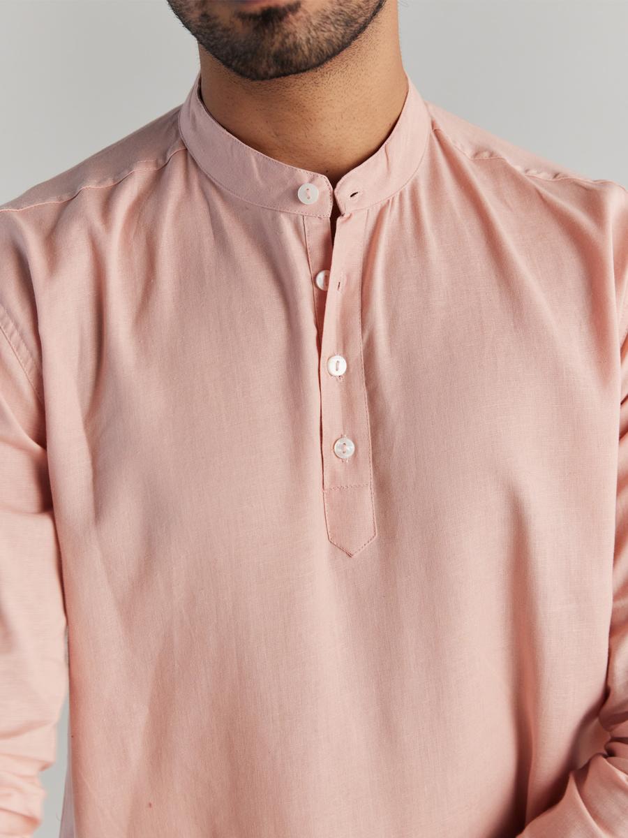 Men Salmon Pink Airy Linen Short Kurtas