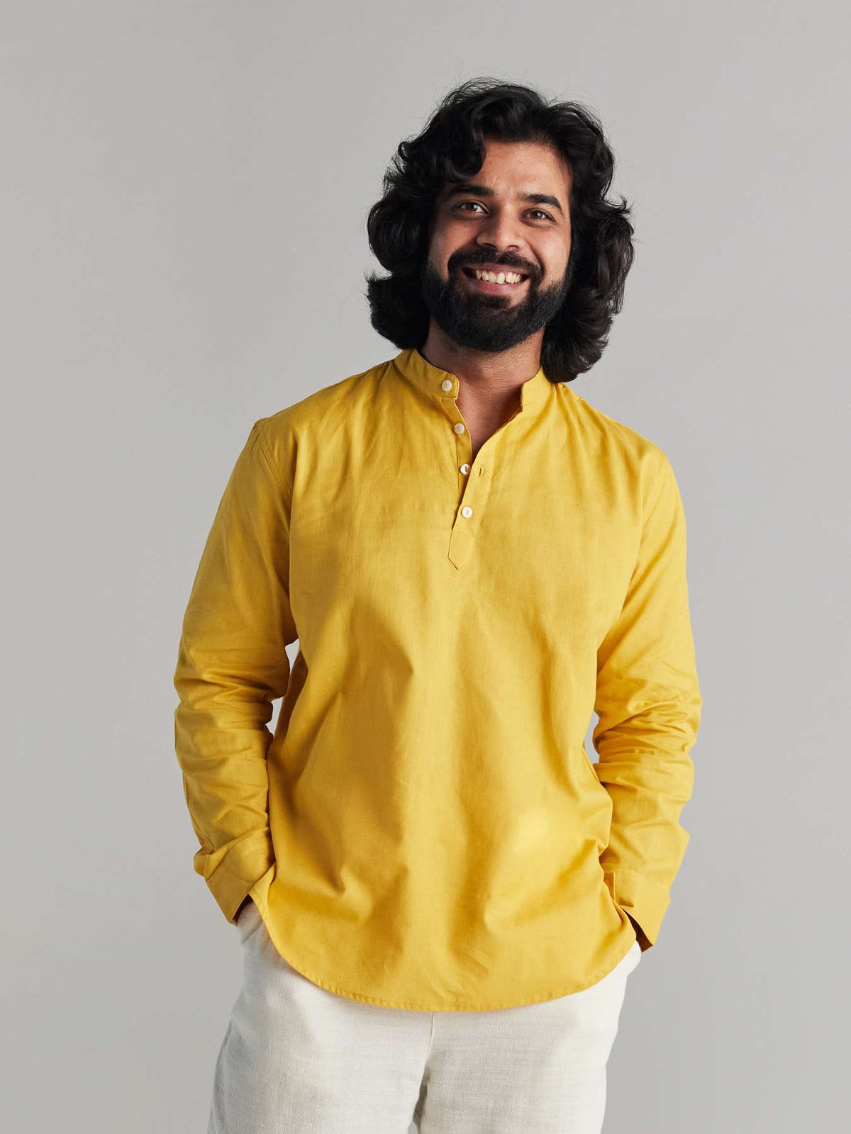 Men Yellow Airy Linen Short Kurtas