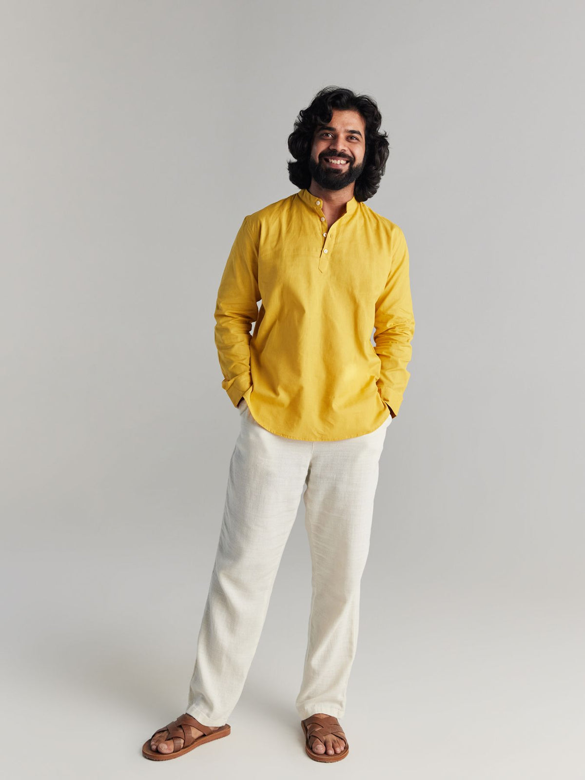 Men Yellow Airy Linen Short Kurtas