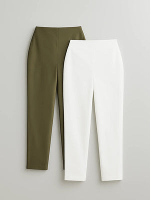 Olive Green & White Straight Fit Formal Pants