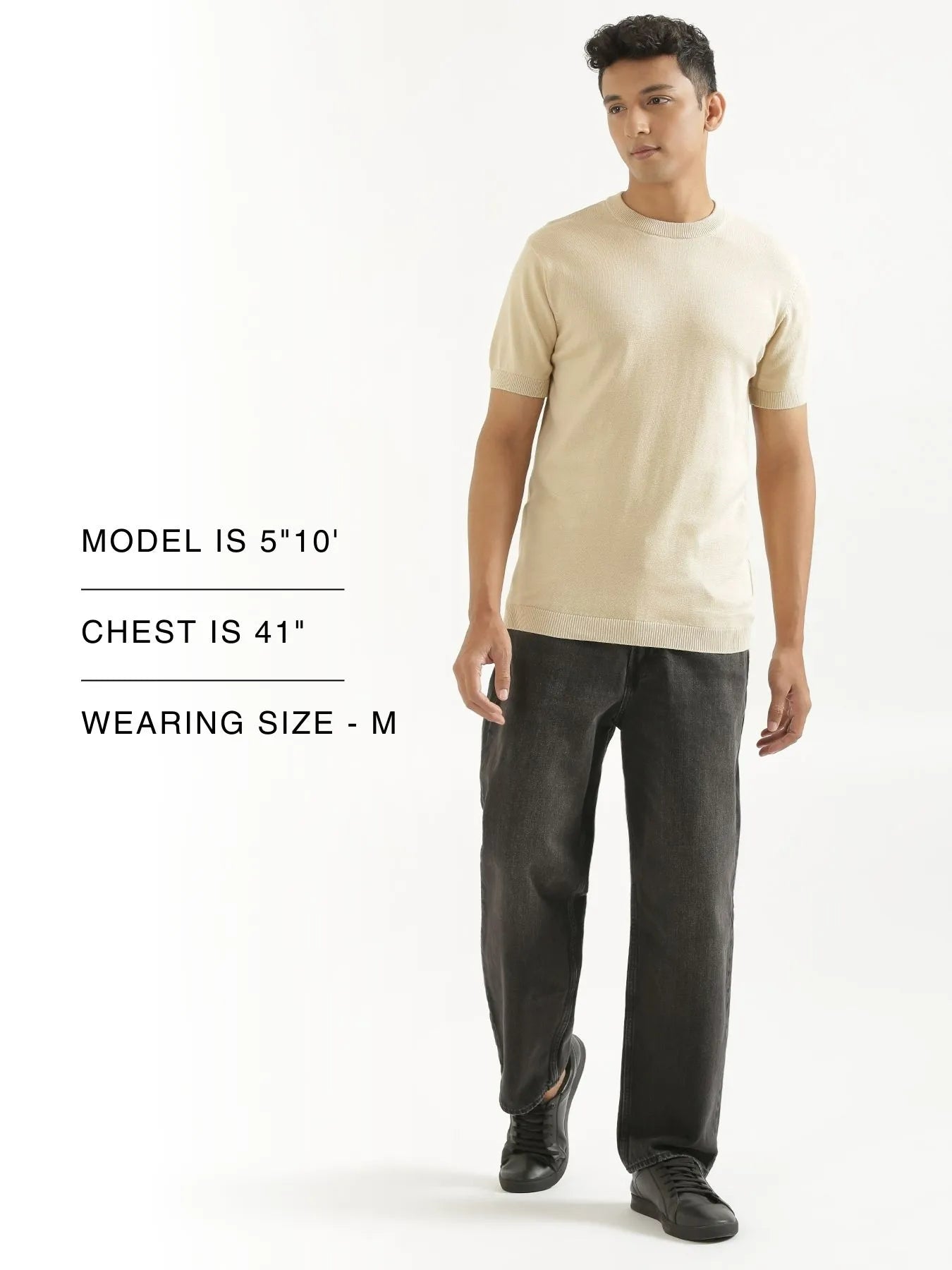 Men Beige Flat Knit Round Neck T-shirt