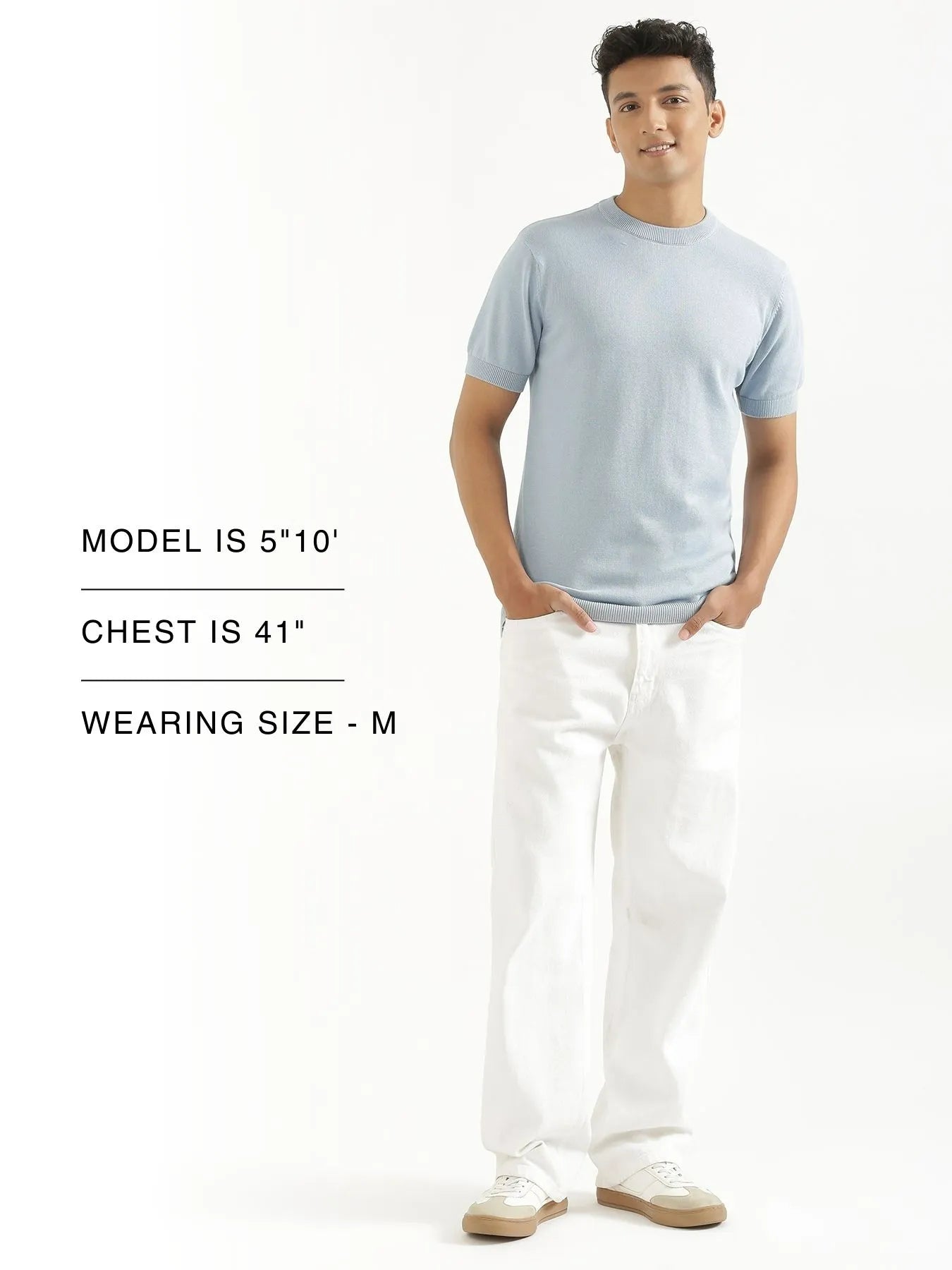 Men Light Blue Flat Knit Round Neck T-shirt