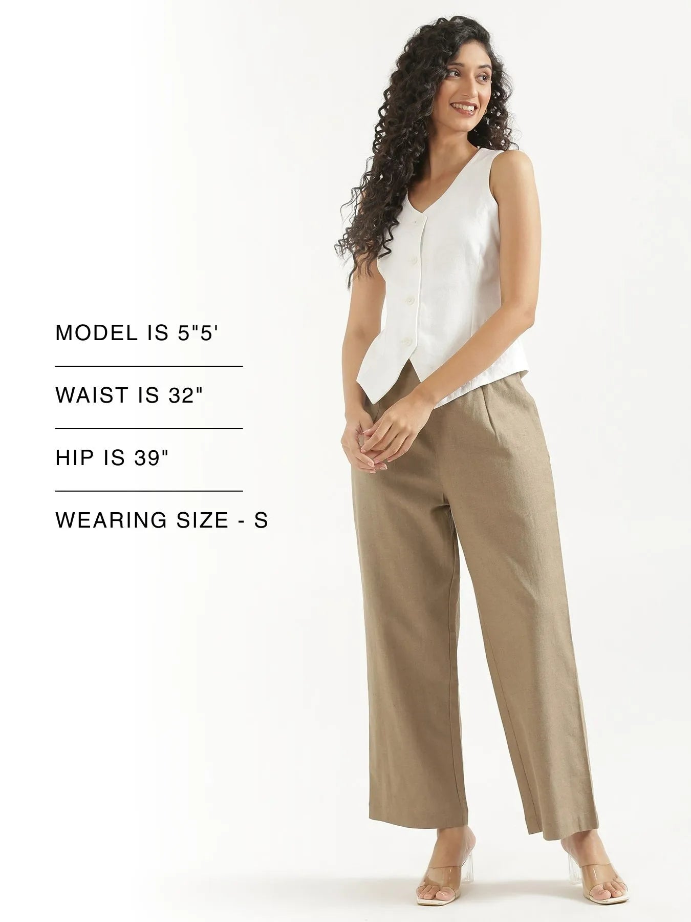 Women Khakhi Linen Blend Wide Leg Pant