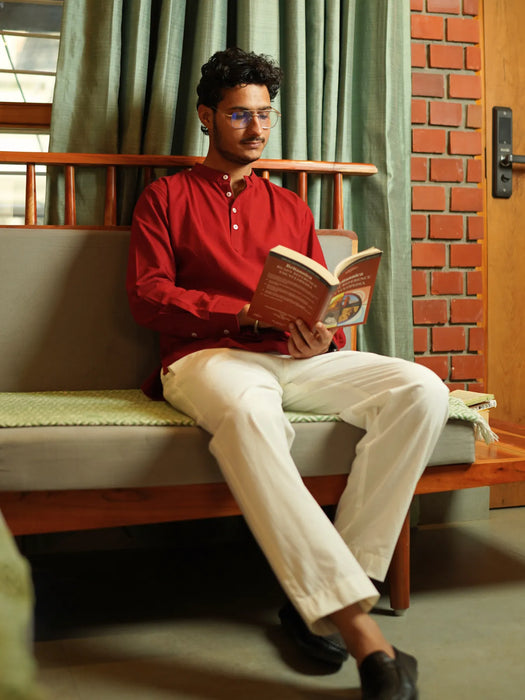 Men Maroon Airy Linen Short Kurta