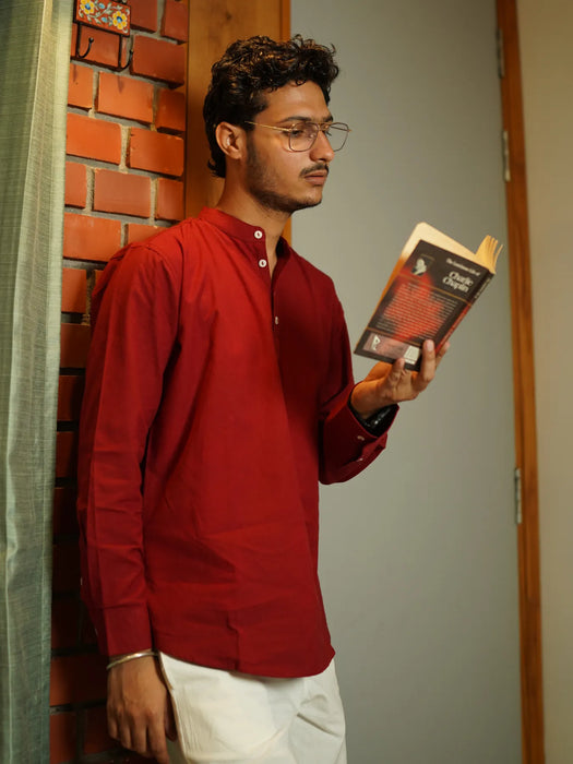 Men Maroon Airy Linen Short Kurta