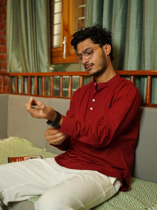 Men Maroon Airy Linen Short Kurta