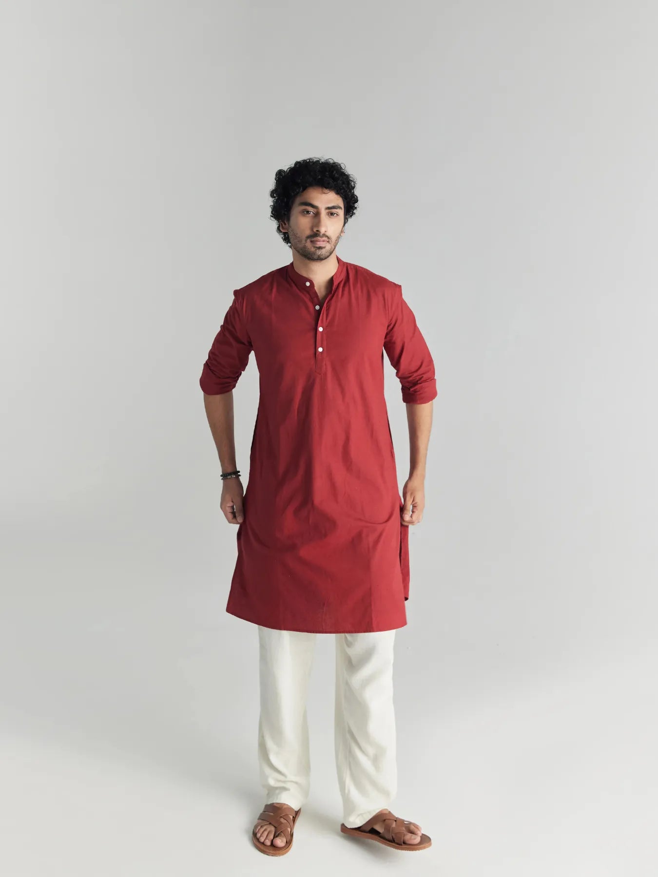 Men Maroon Airy Linen Long Kurta